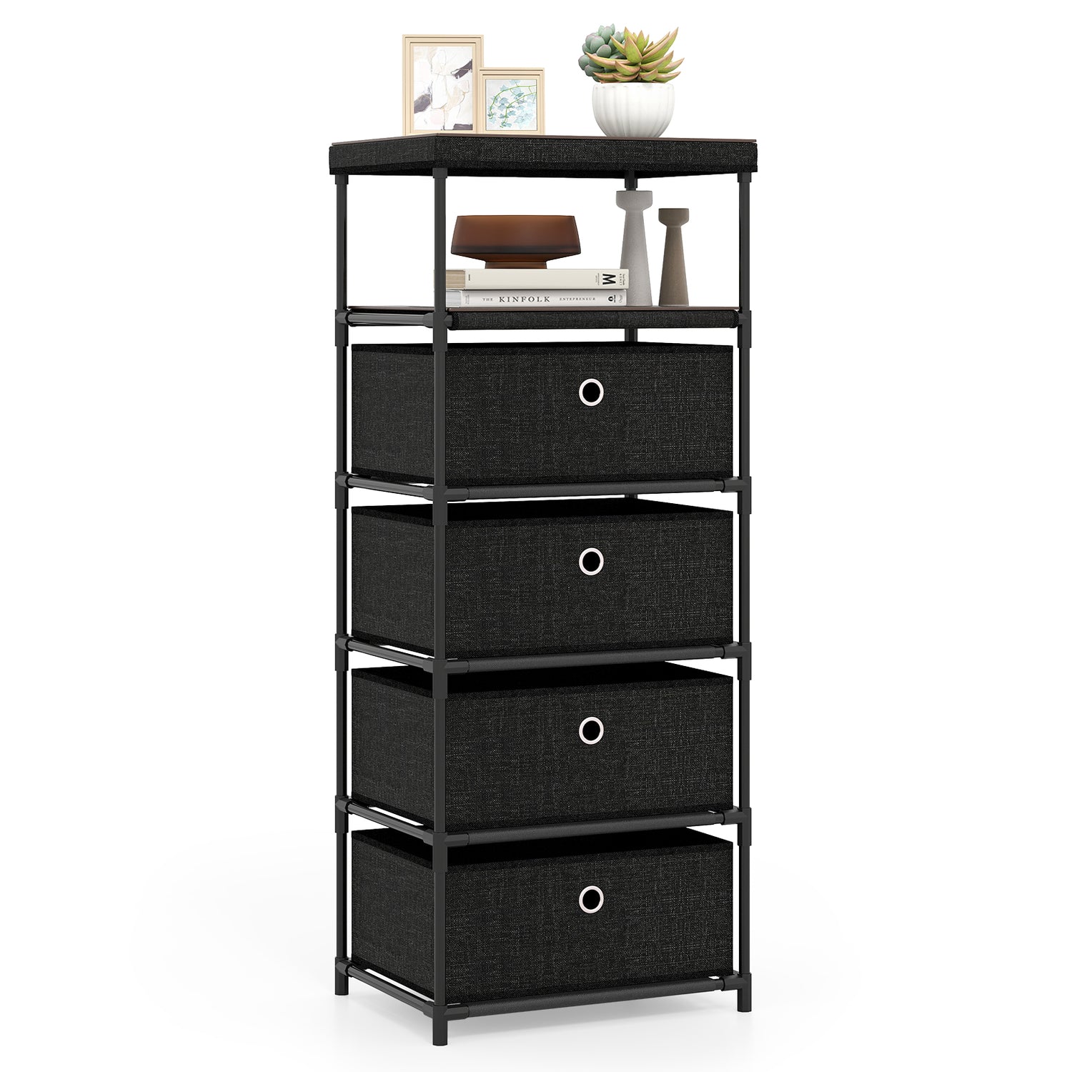 Dresser with 3/4 Drawers Fabric Storage Tower with Wood Top and Metal Frame