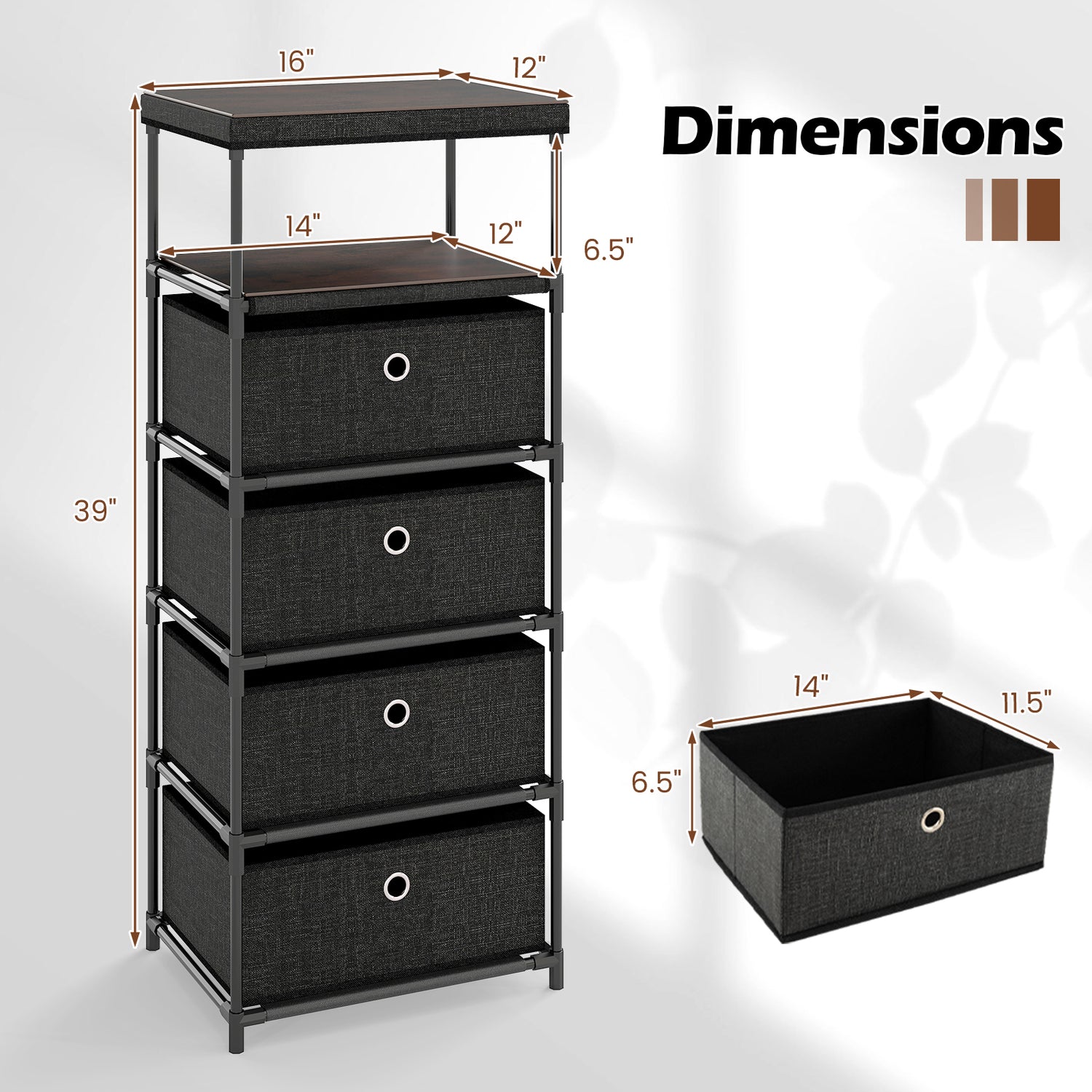 Dresser with 3/4 Drawers Fabric Storage Tower with Wood Top and Metal Frame