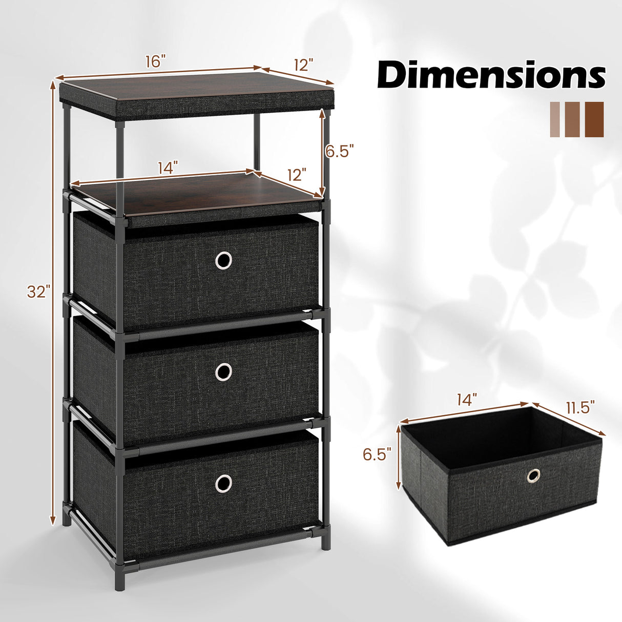 Dresser with 3/4 Drawers Fabric Storage Tower with Wood Top and Metal Frame