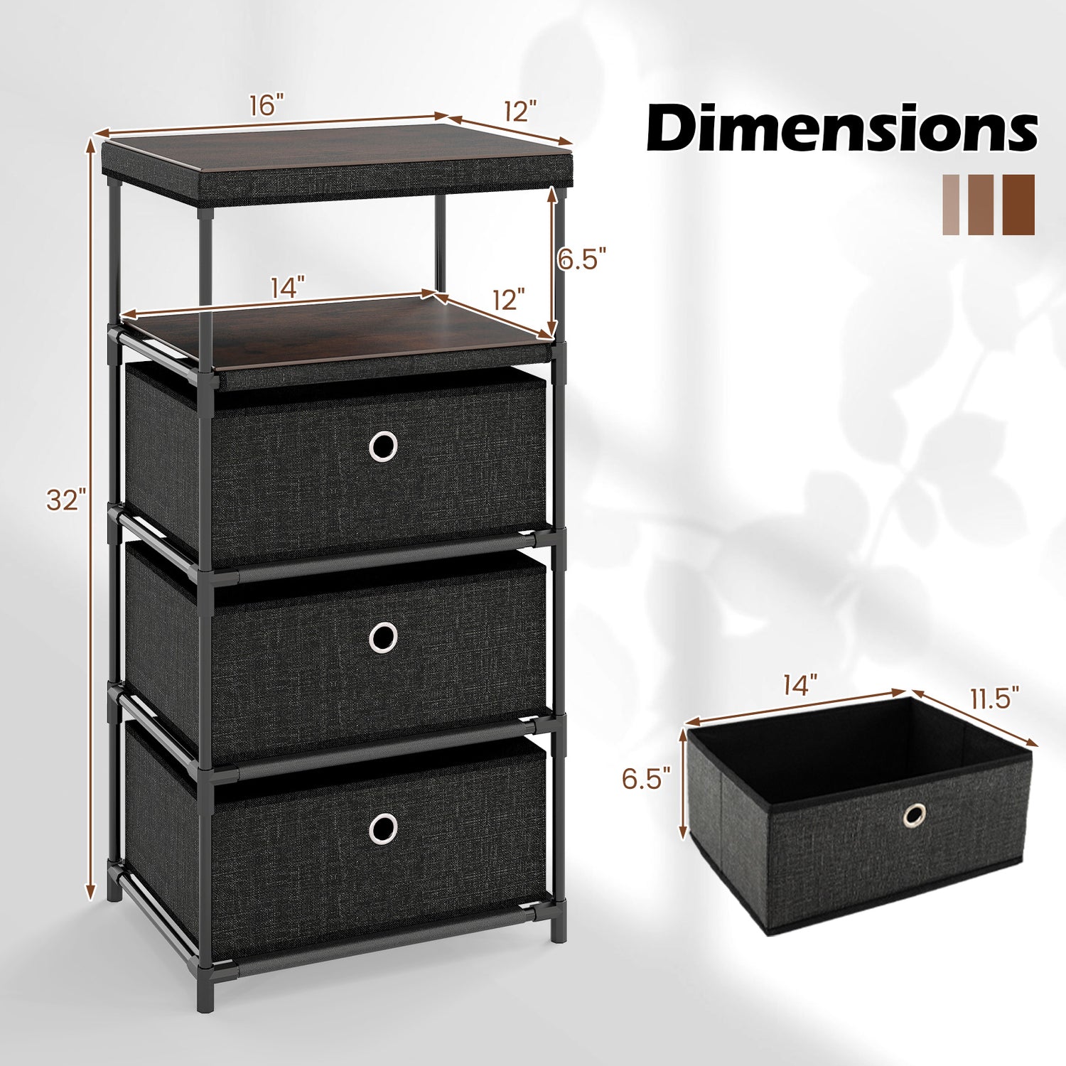 Dresser with 3/4 Drawers Fabric Storage Tower with Wood Top and Metal Frame