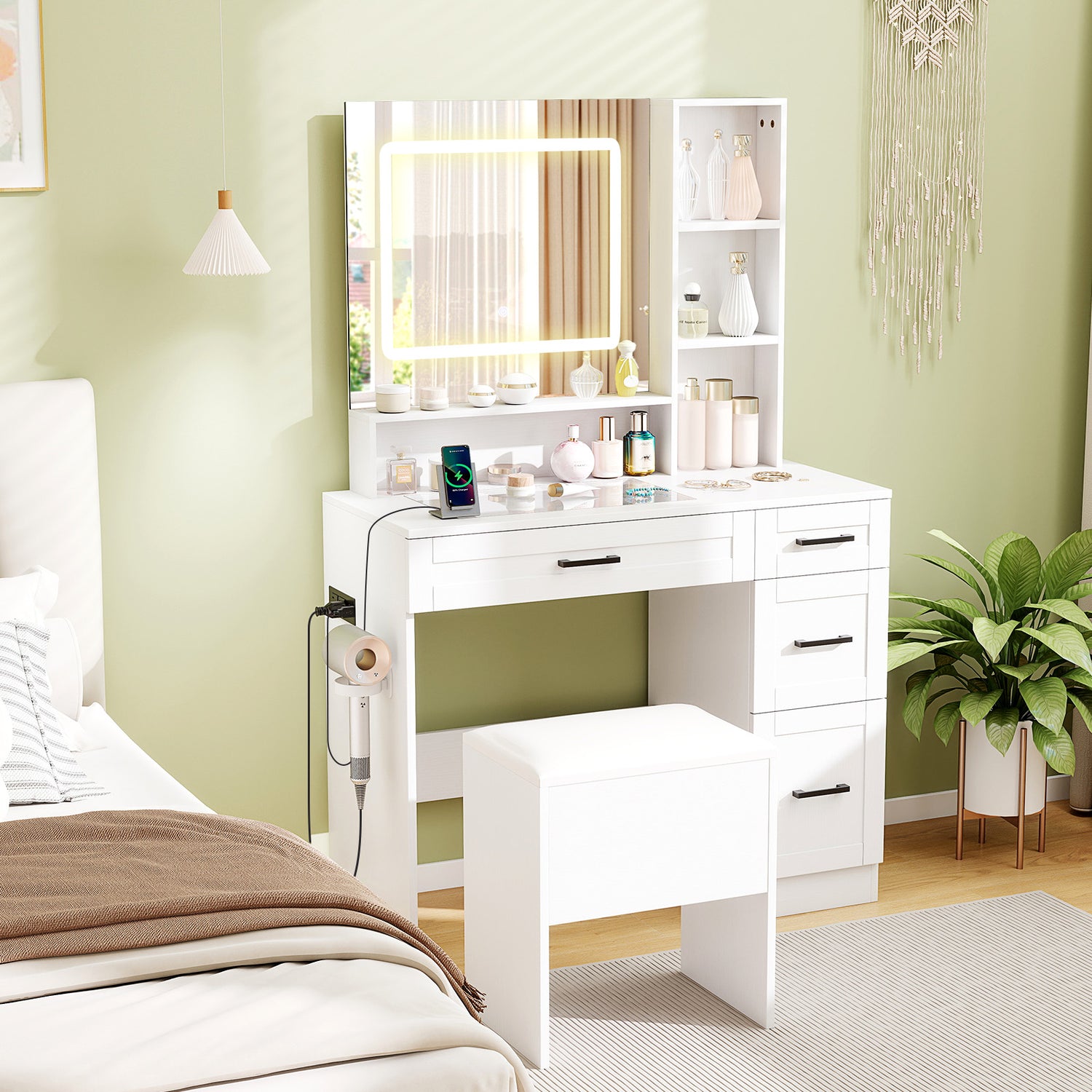 Dressing Desk with 3 Color Lighting and Hair Dryer Stand-White