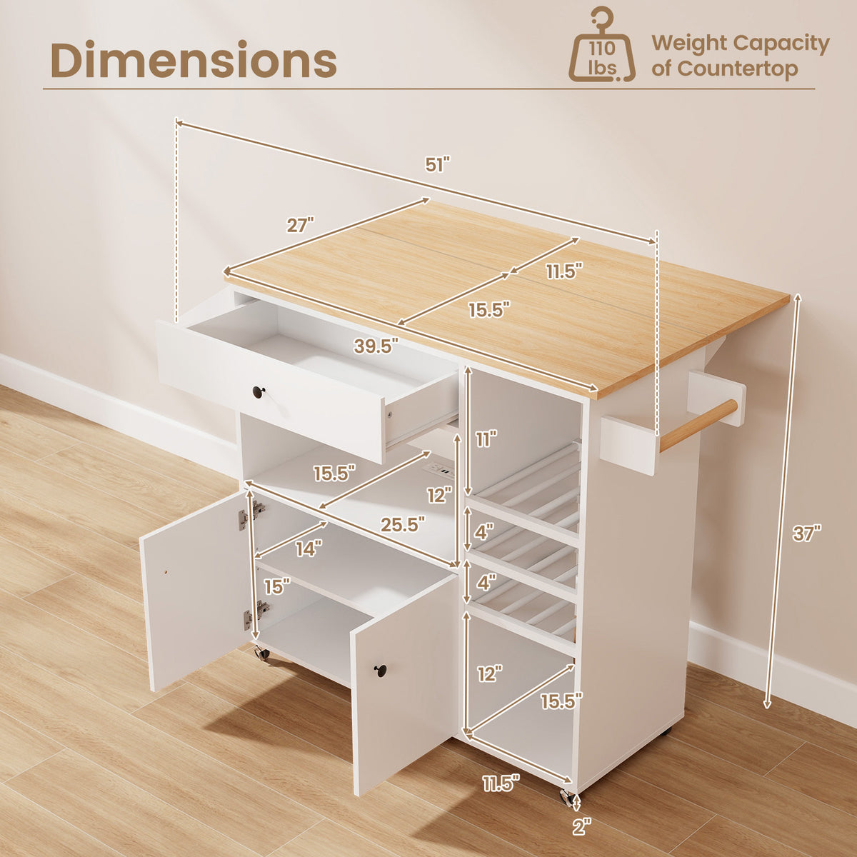 Drop Leaf Mobile Kitchen Island Cart with Power Outlet and Adjustable Shelf