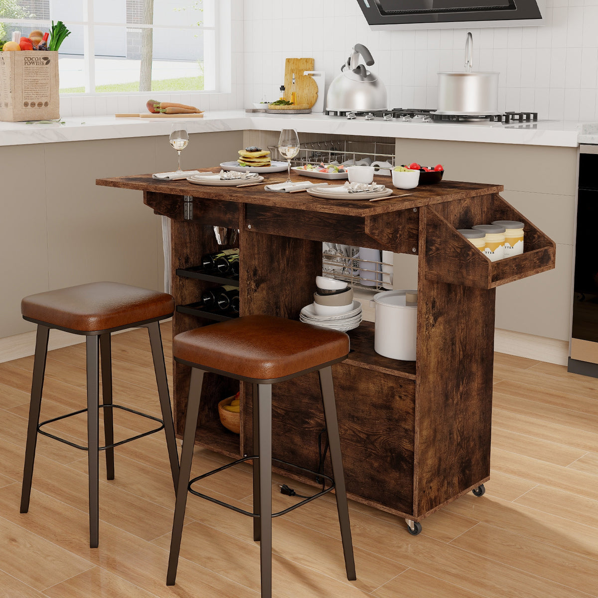 Drop Leaf Mobile Kitchen Island Cart with Power Outlet and Adjustable Shelf
