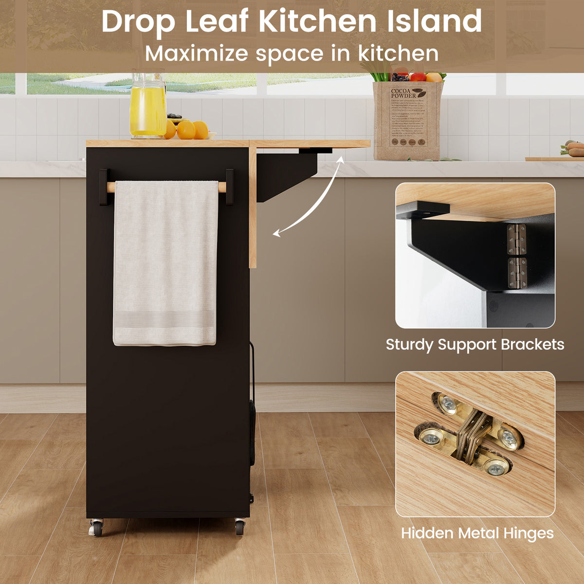 Drop Leaf Mobile Kitchen Island Cart with Power Outlet and Adjustable Shelf
