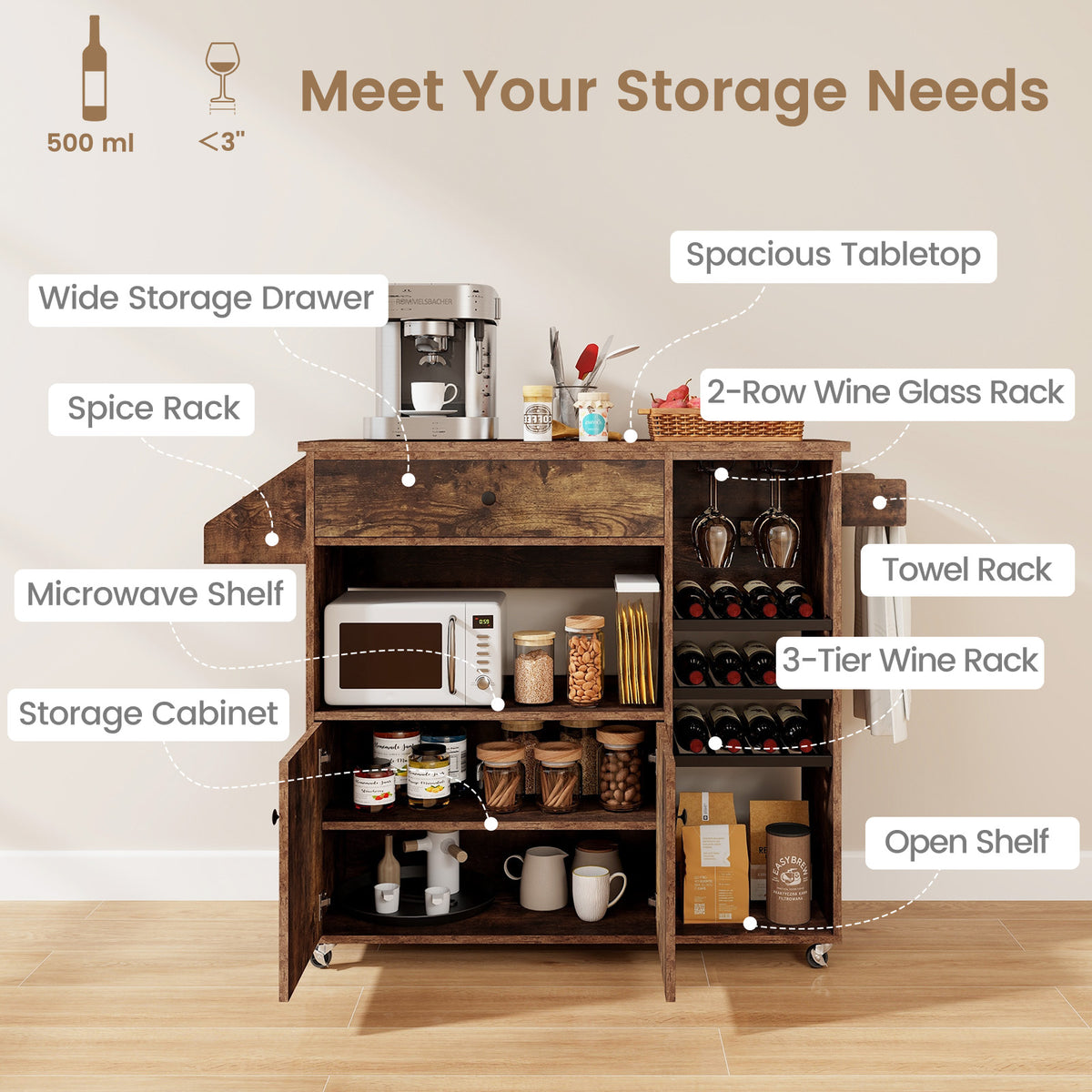 Drop Leaf Mobile Kitchen Island Cart with Power Outlet and Adjustable Shelf