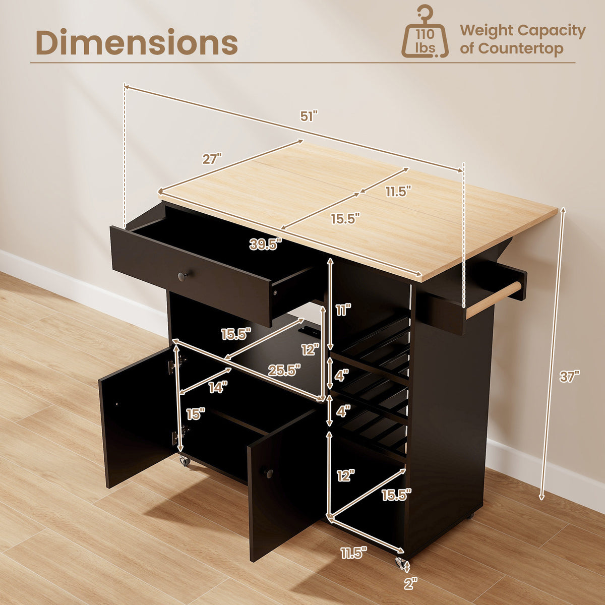 Drop Leaf Mobile Kitchen Island Cart with Power Outlet and Adjustable Shelf