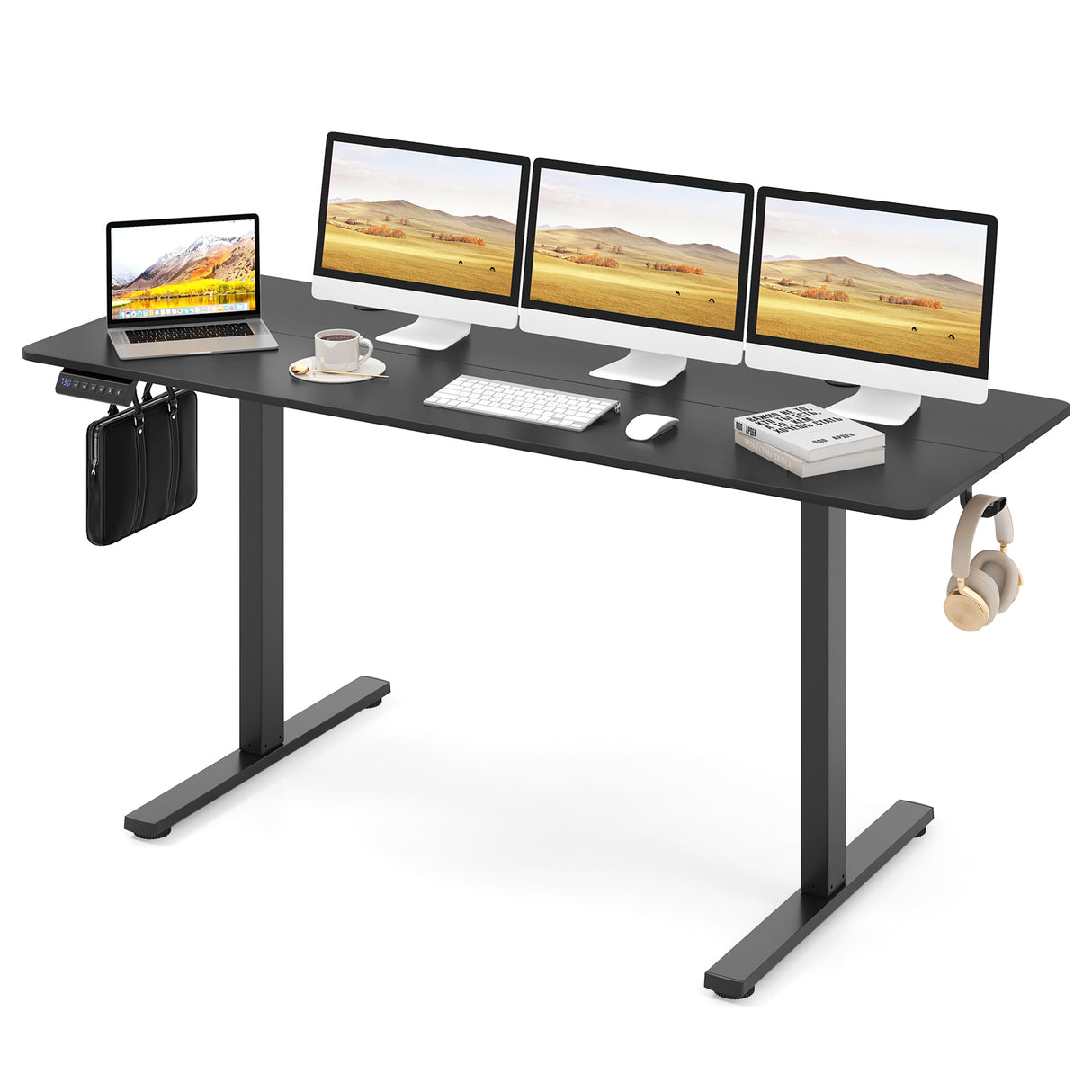 Electric Standing Desk with 3 Memory Heights and 2 Hanging Hooks and Cable Holes