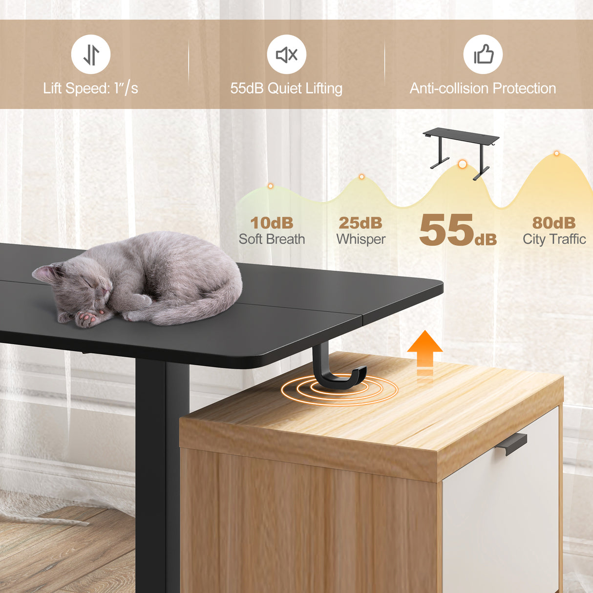 Electric Standing Desk with 3 Memory Heights and 2 Hanging Hooks and Cable Holes