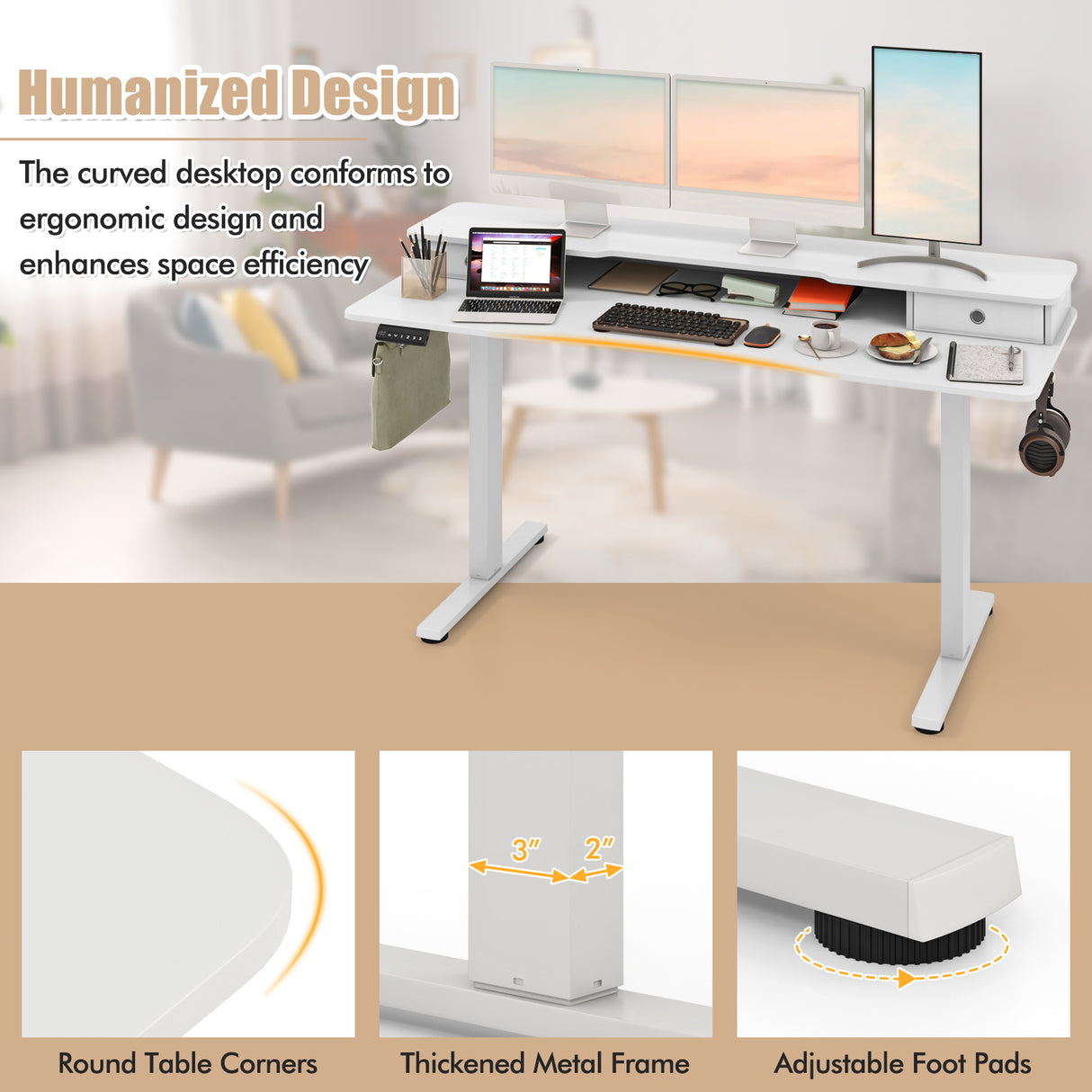 63 Inch x 24 Inch Electric Standing Desk with 2 Drawers