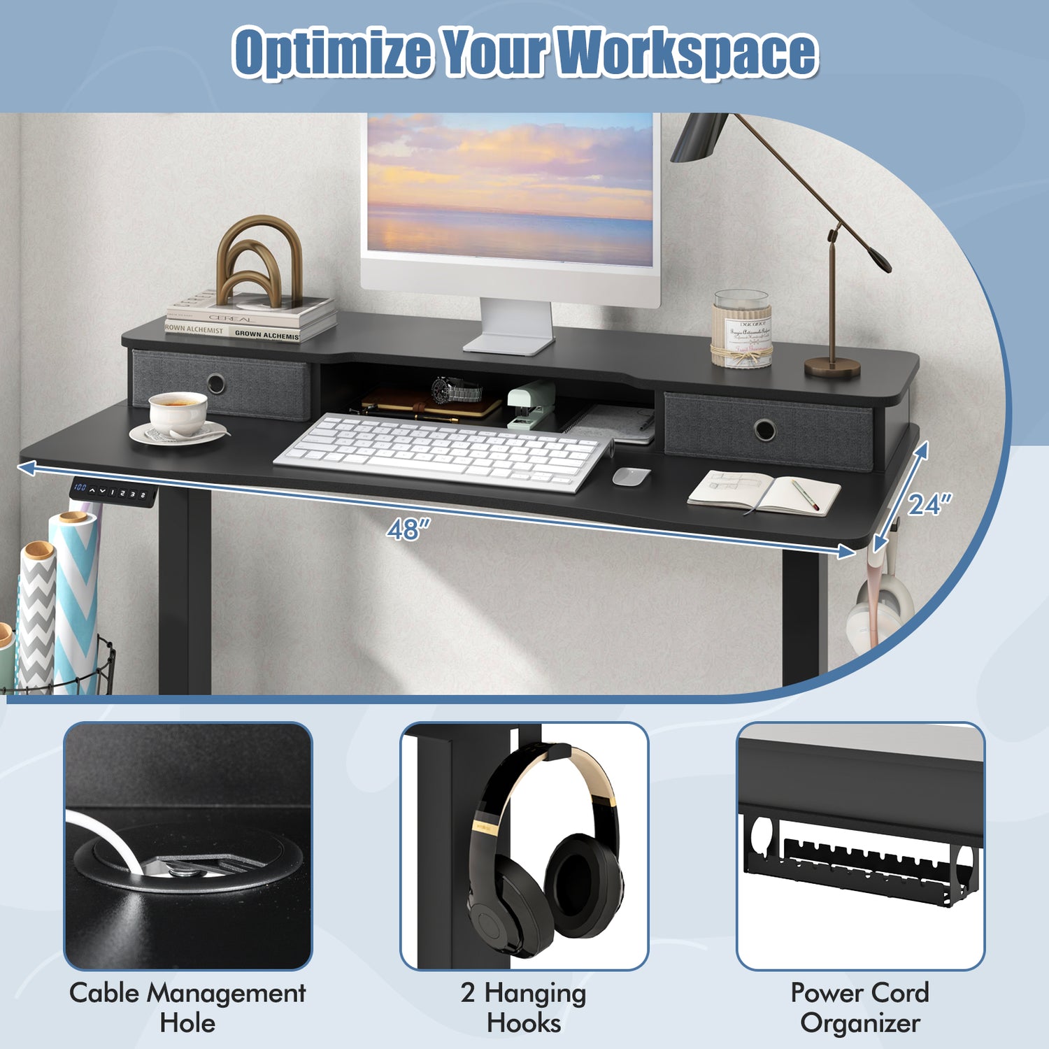 48 Inch x 24 Inch Height Adjustable Electric Standing Desk with 2 Drawers