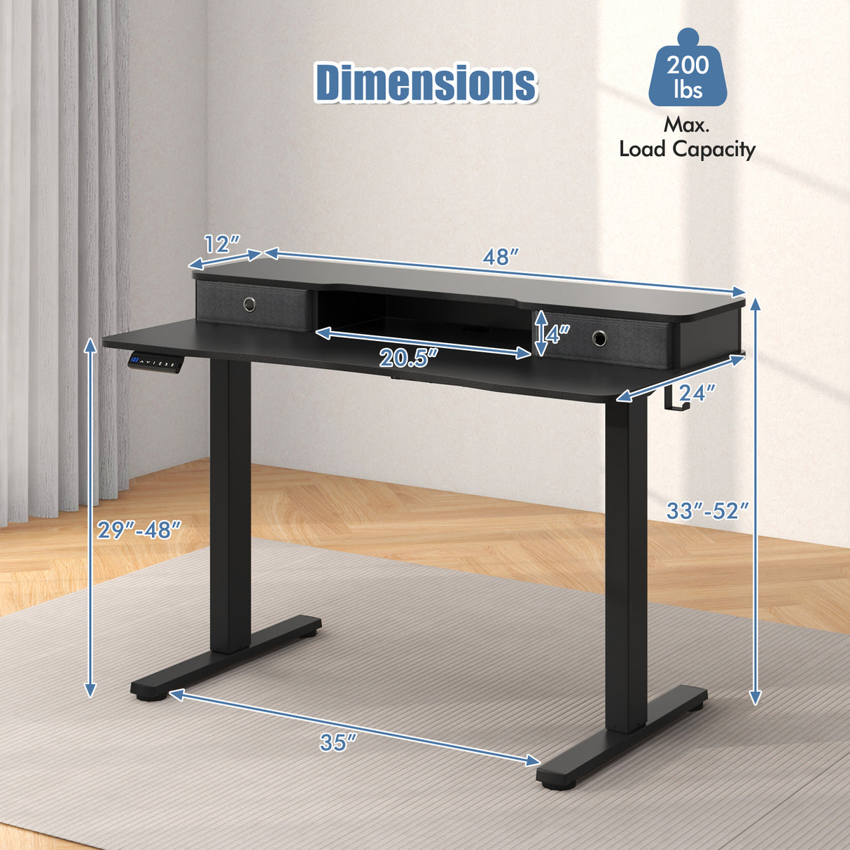 48 Inch x 24 Inch Height Adjustable Electric Standing Desk with 2 Drawers