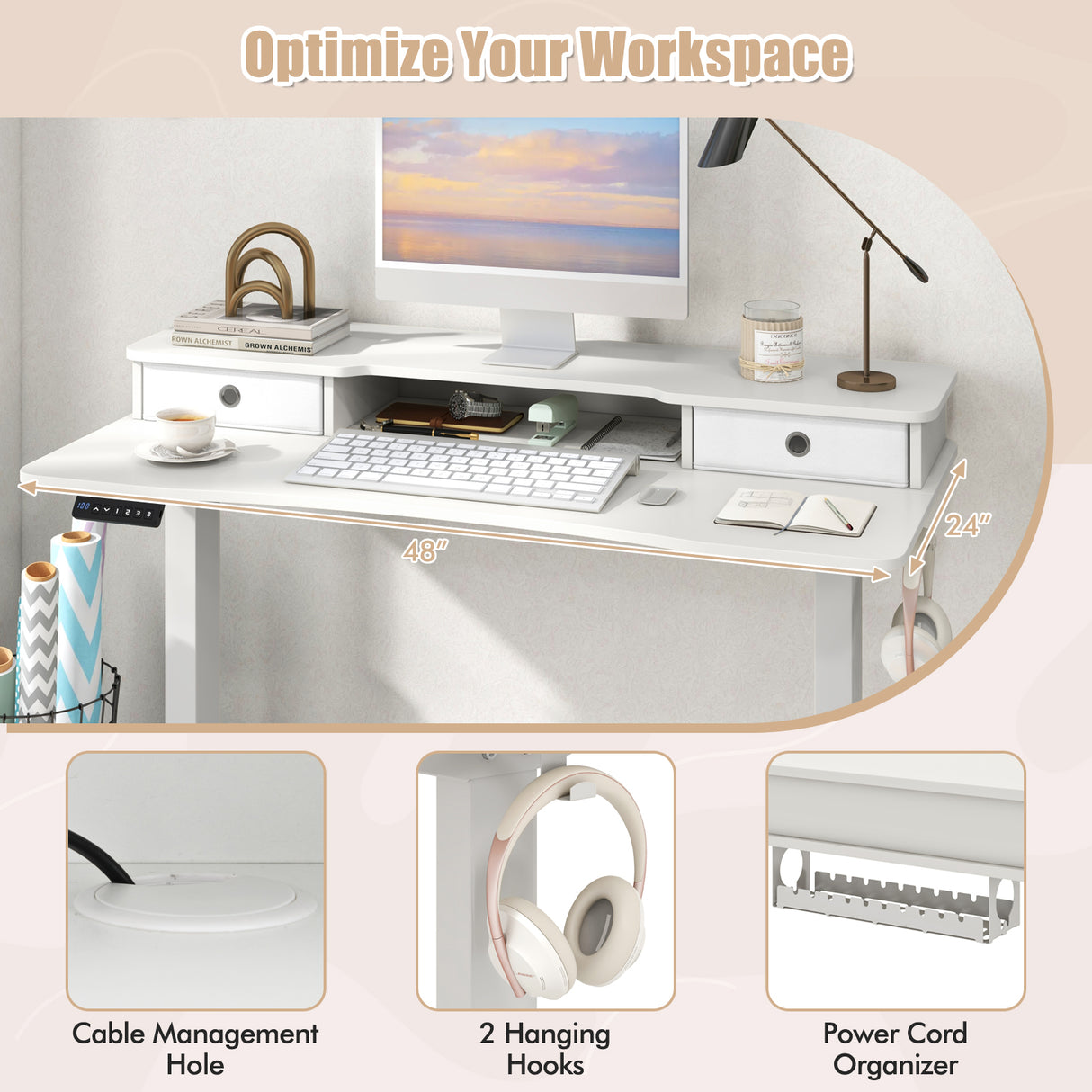 48 Inch x 24 Inch Height Adjustable Electric Standing Desk with 2 Drawers