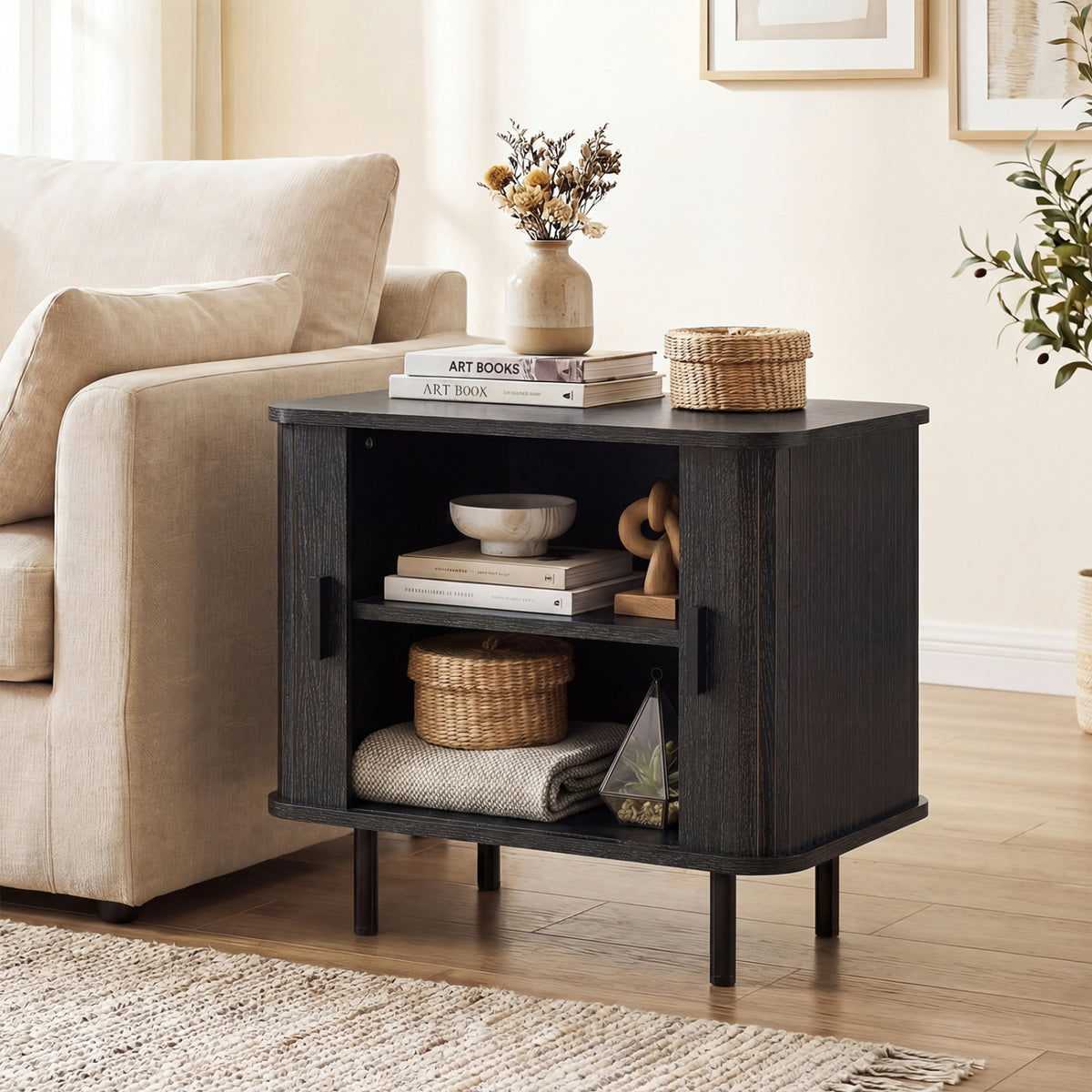 End Table Modern Mid Century Nightstand with Sliding Tambour Doors and Storage Shelf
