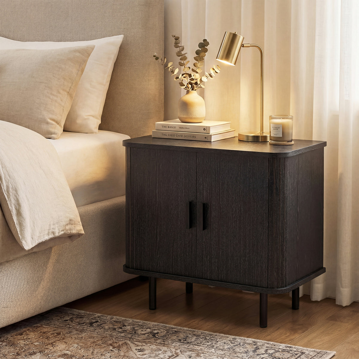 End Table Modern Mid Century Nightstand with Sliding Tambour Doors and Storage Shelf