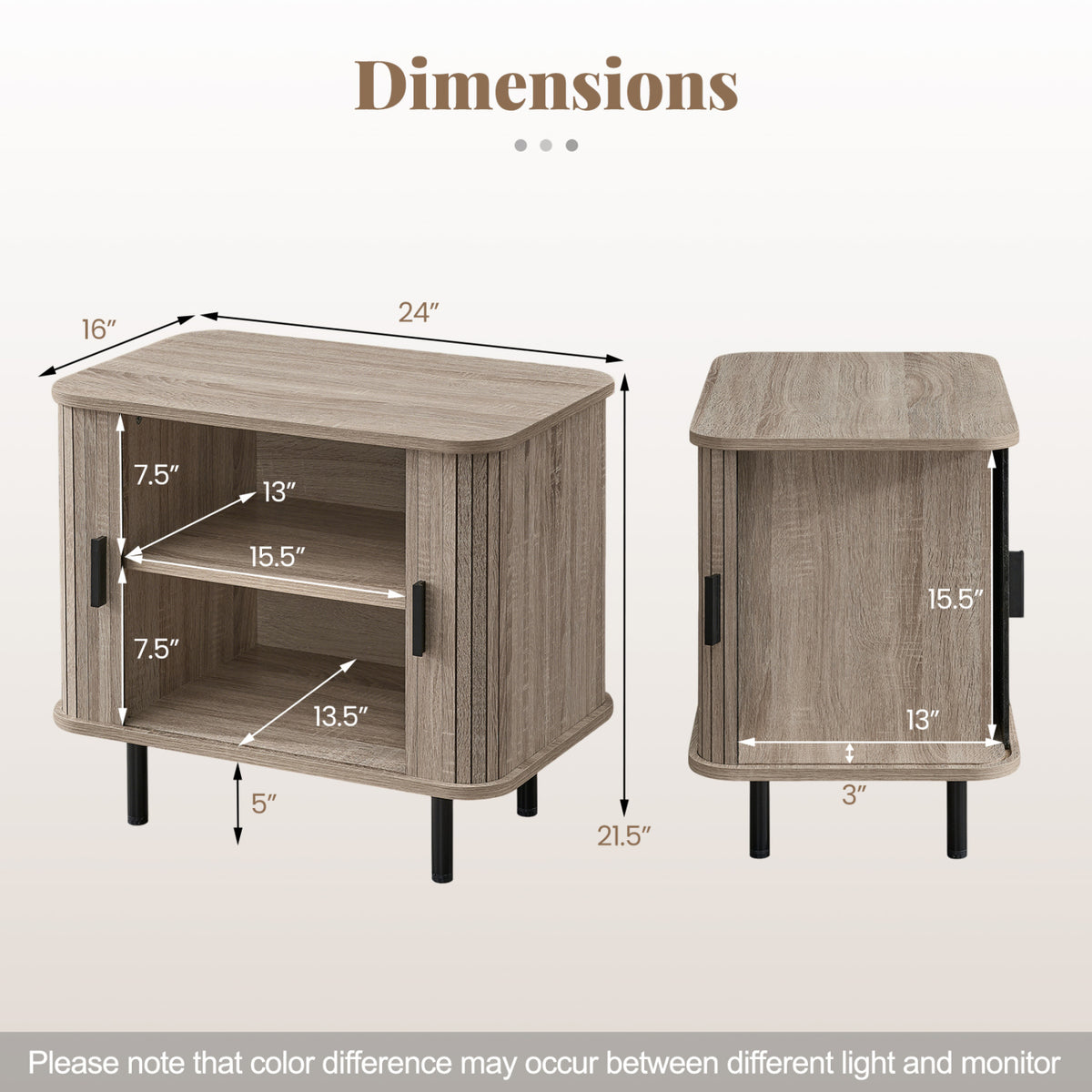 End Table Modern Mid Century Nightstand with Sliding Tambour Doors and Storage Shelf