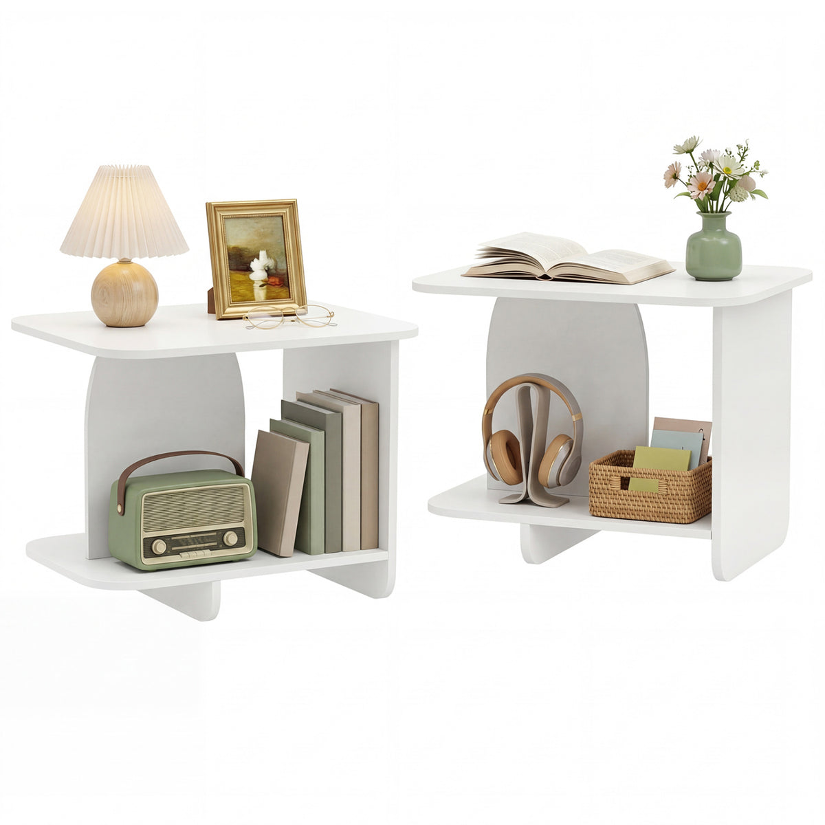 End Table Set of 2 2-Tier Sofa Side Tables with Storage Shelf-White