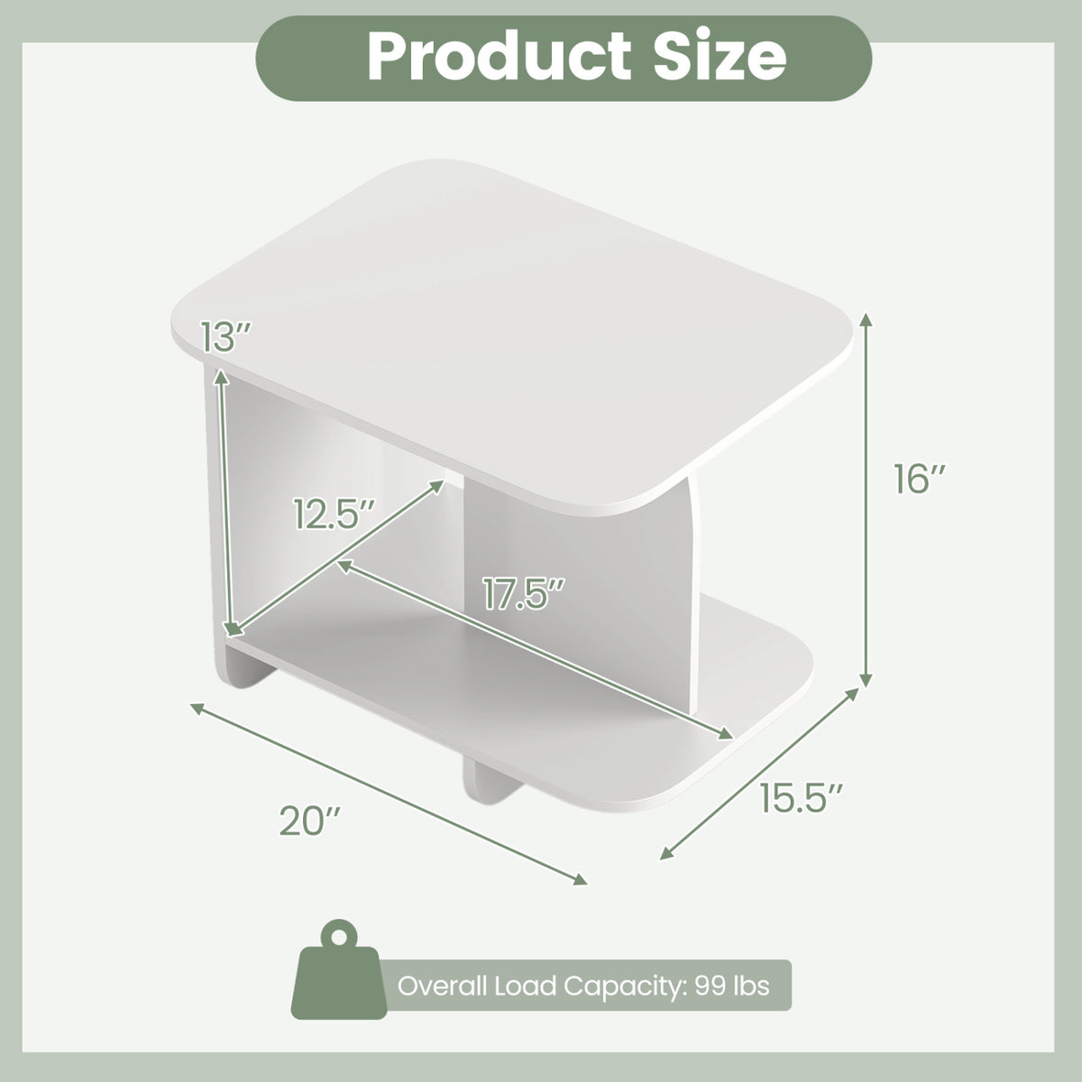 End Table Set of 2 2-Tier Sofa Side Tables with Storage Shelf-White
