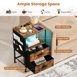 End Table with Charging Station Set of 1/2 Nightstand with 2 Folding Fabric Drawers