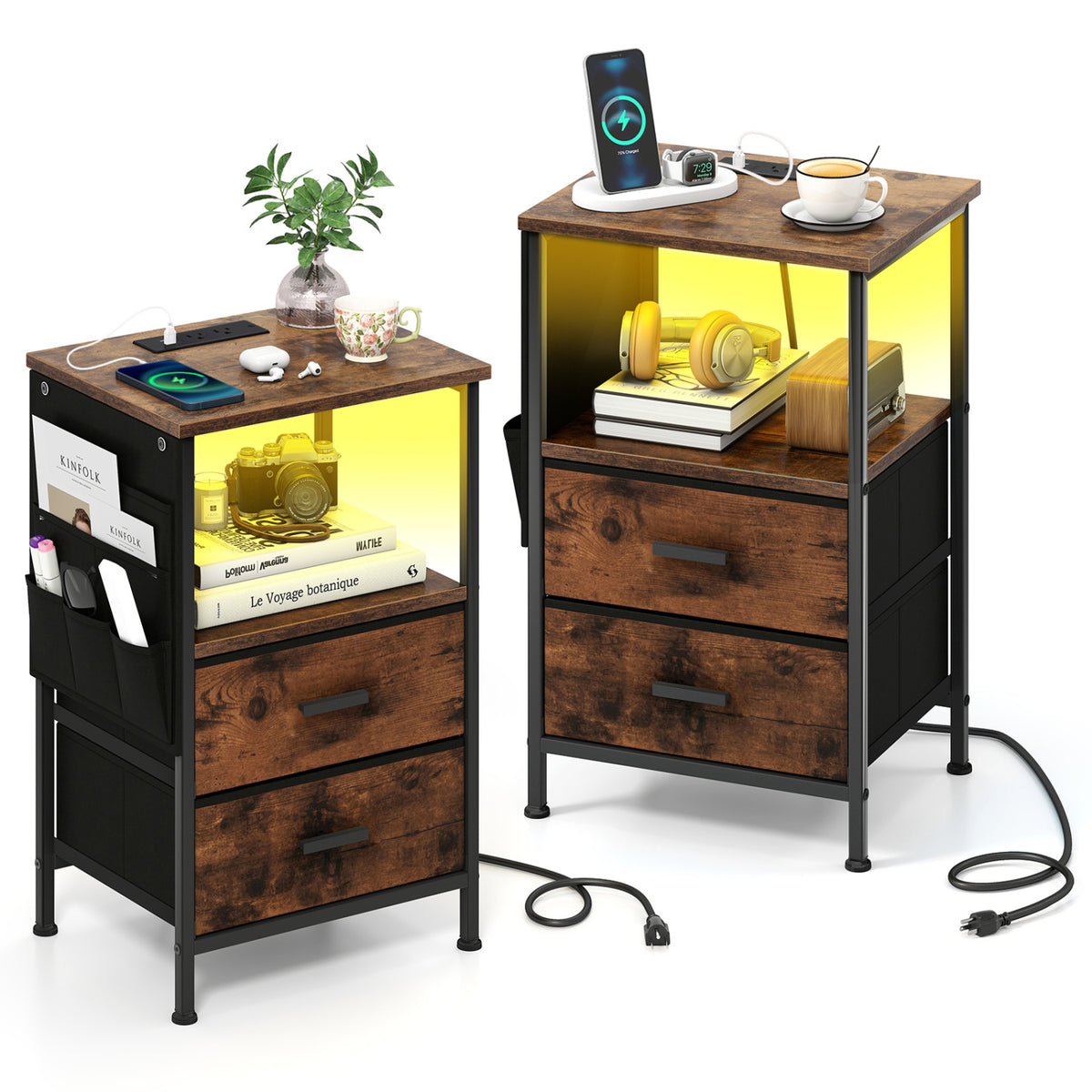 End Table with Charging Station Set of 1/2 Nightstand with 2 Folding Fabric Drawers
