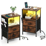 End Table with Charging Station Set of 1/2 Nightstand with 2 Folding Fabric Drawers