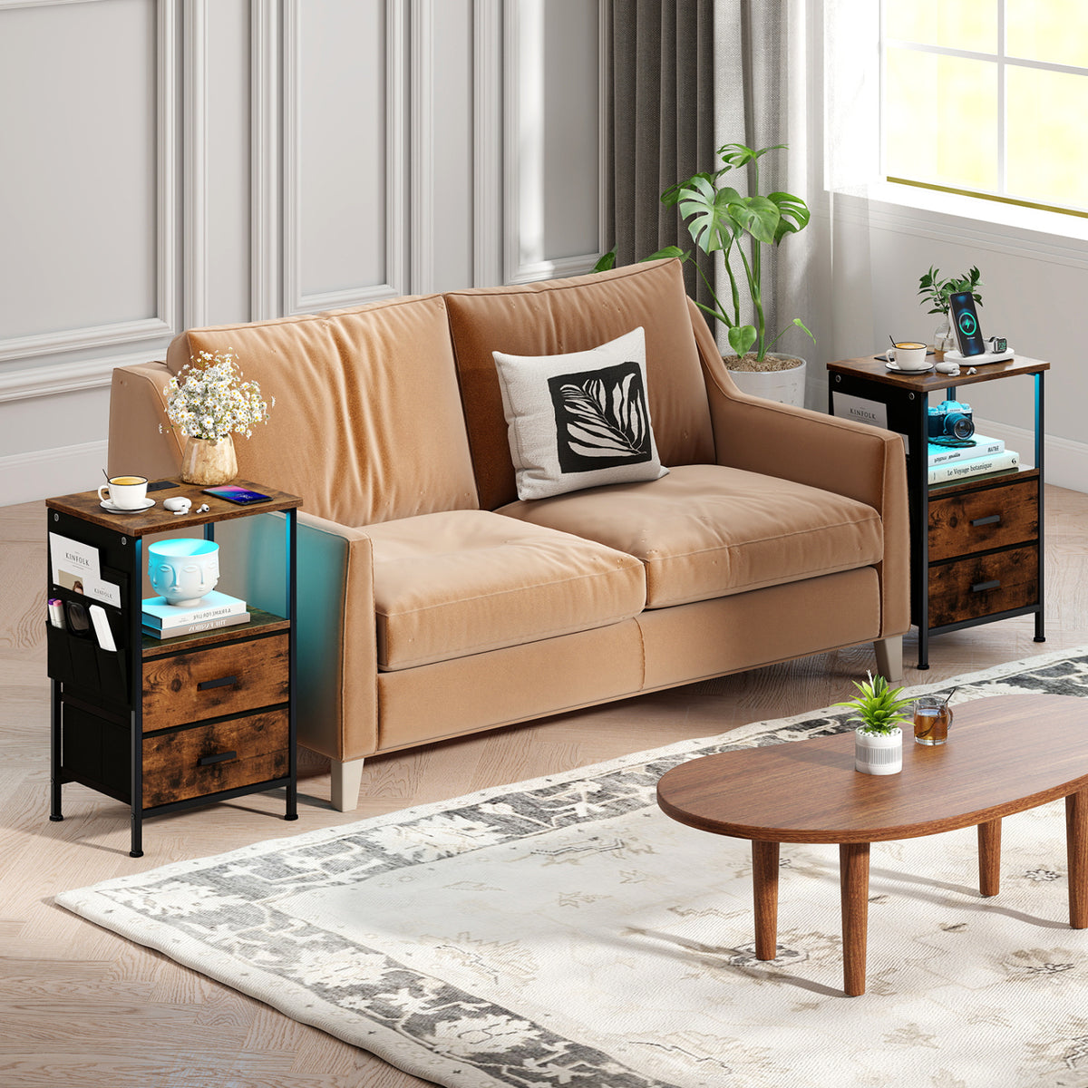End Table with Charging Station Set of 1/2 Nightstand with 2 Folding Fabric Drawers