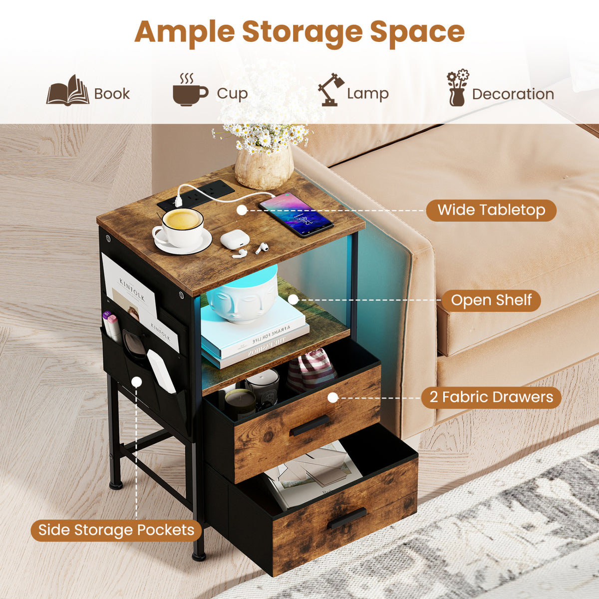 End Table with Charging Station Set of 1/2 Nightstand with 2 Folding Fabric Drawers