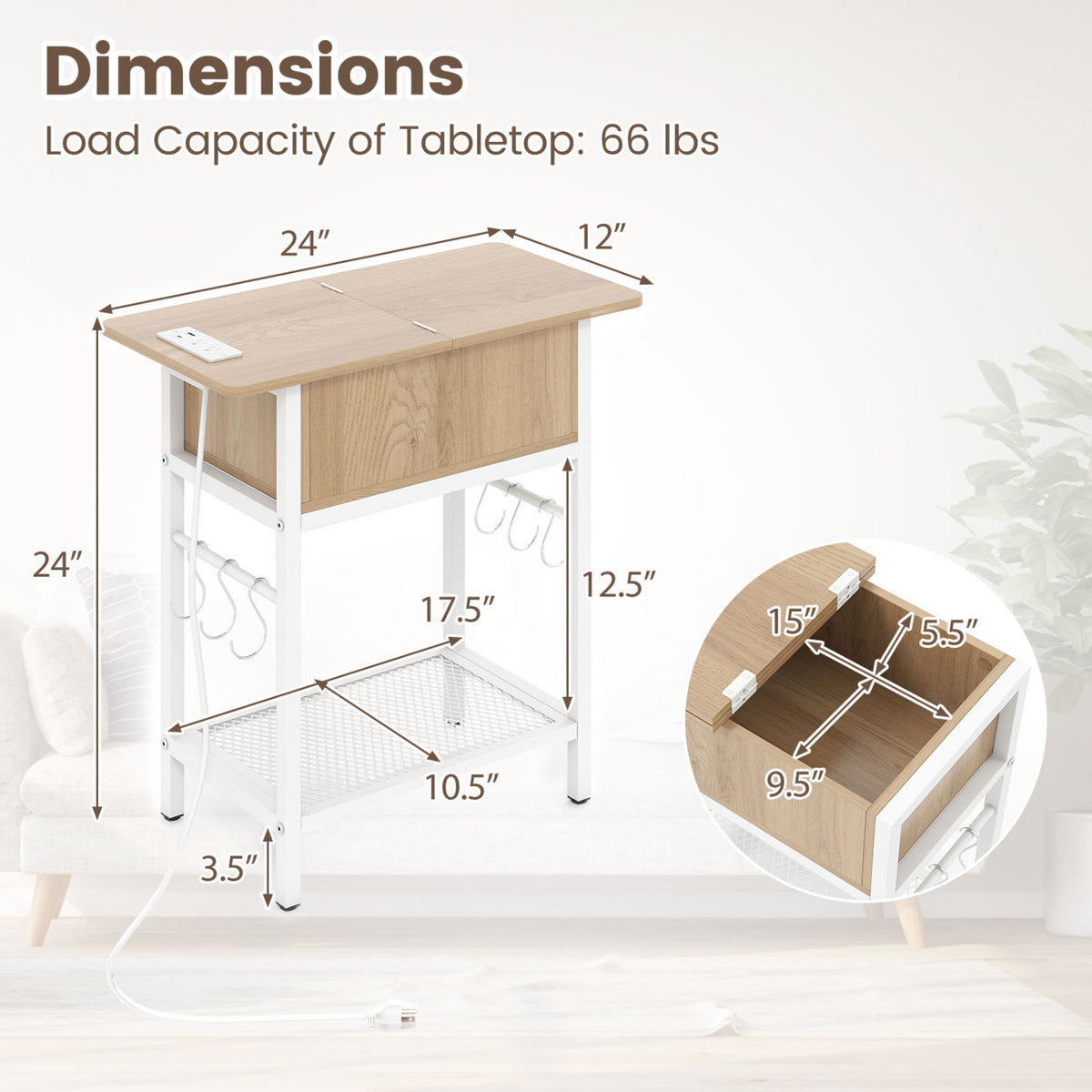 End Table with Charging Station USB Ports Outlets and Flip Top