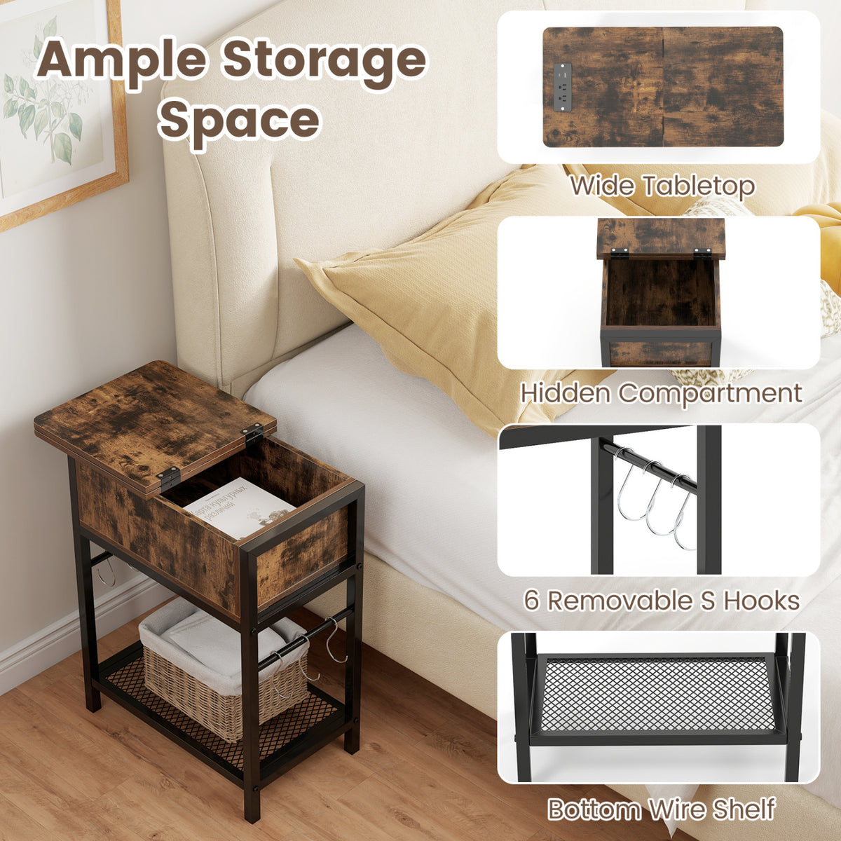End Table with Charging Station USB Ports Outlets and Flip Top