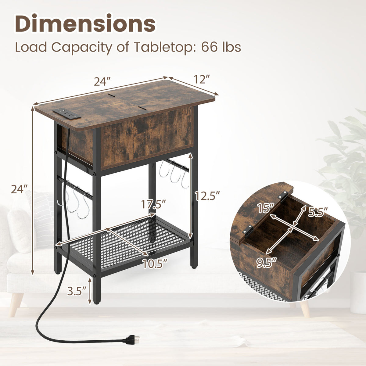 End Table with Charging Station USB Ports Outlets and Flip Top