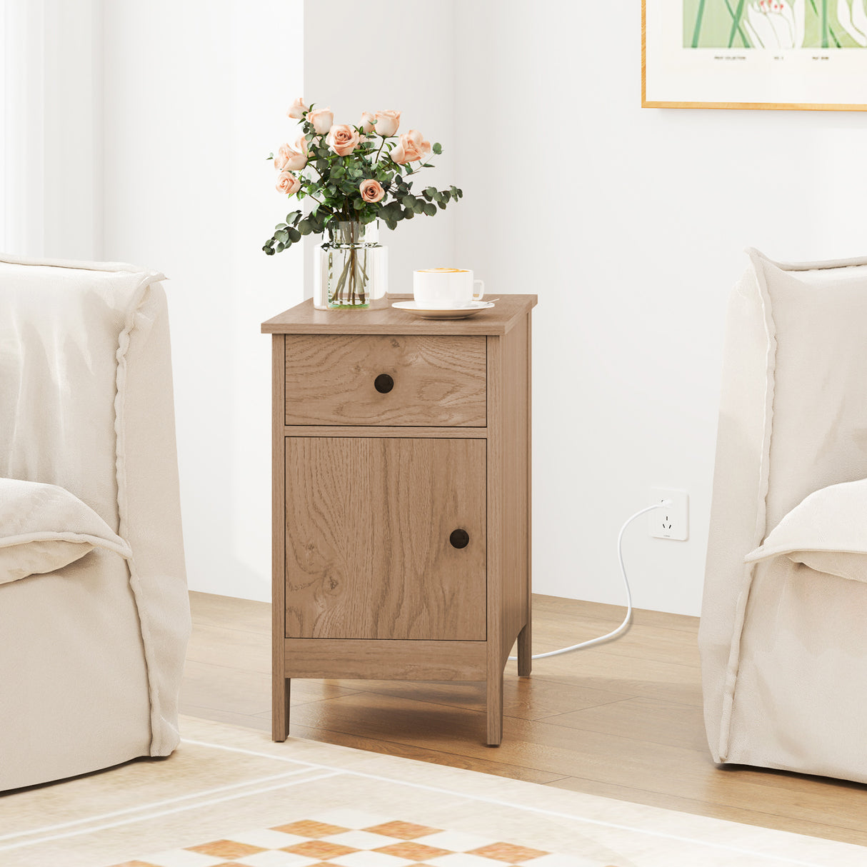 Flip Top End Table with Charging Station USB Ports Outlets and Drawer