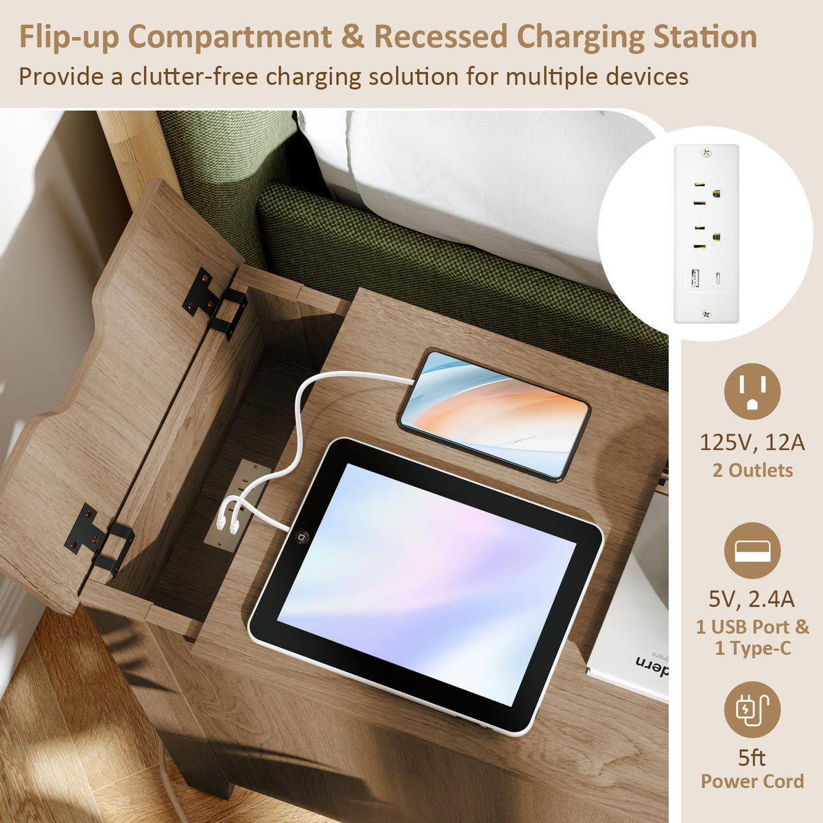 Flip Top End Table with Charging Station USB Ports Outlets and Drawer
