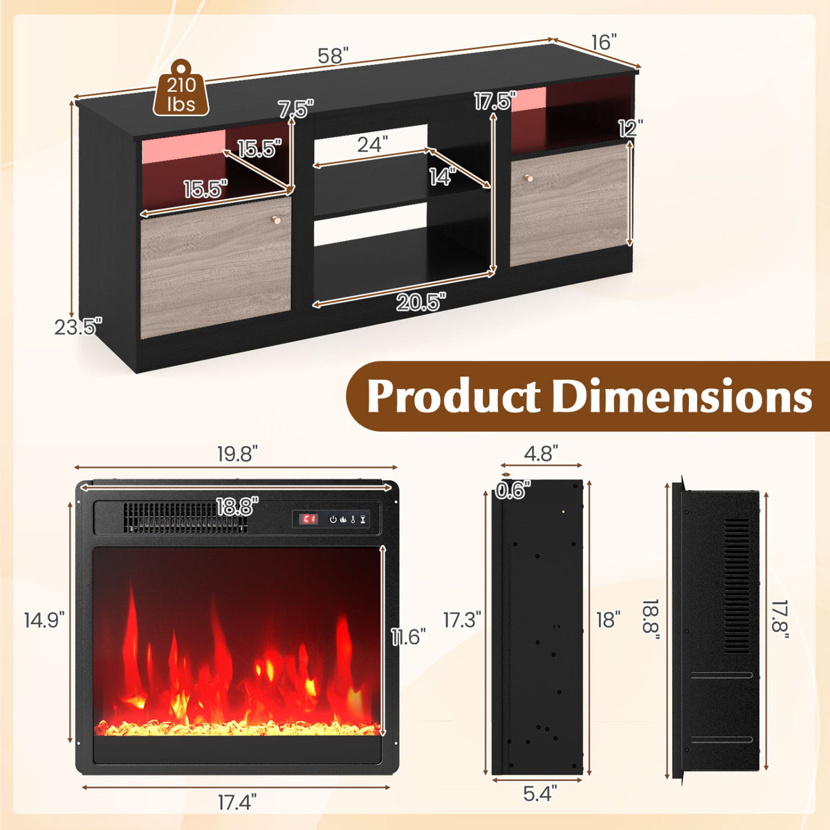 Entertainment Center with Adjustable Shelf & Open Compartment for 65â TVs