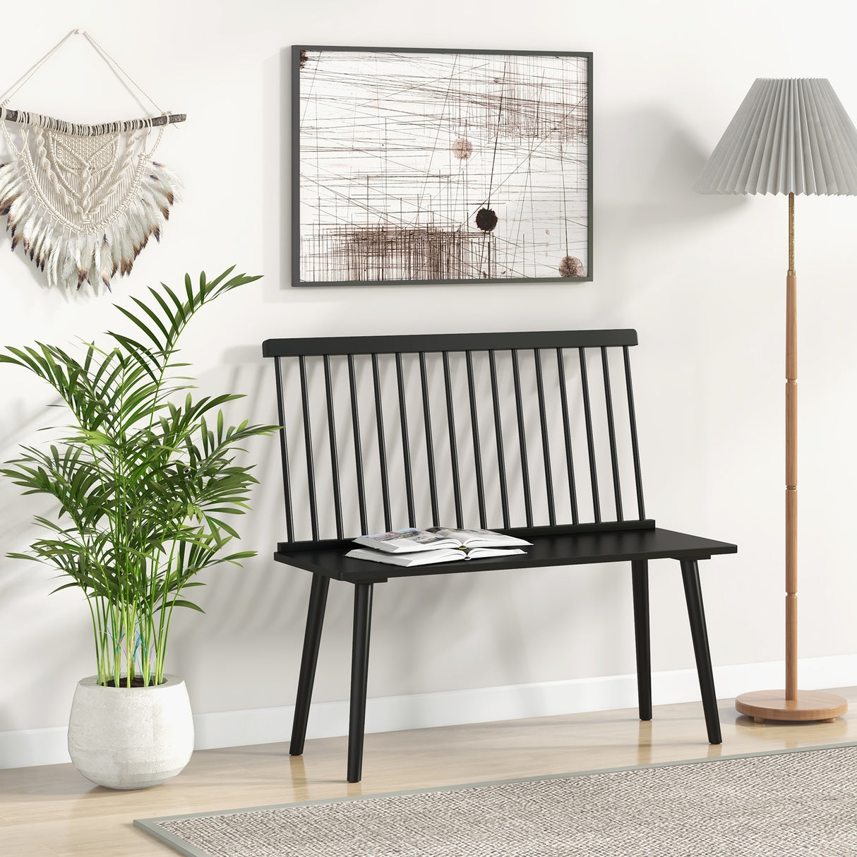 Entryway Bench for 2 with Spindle Back for Kitchen Dining Room Hallway-Black