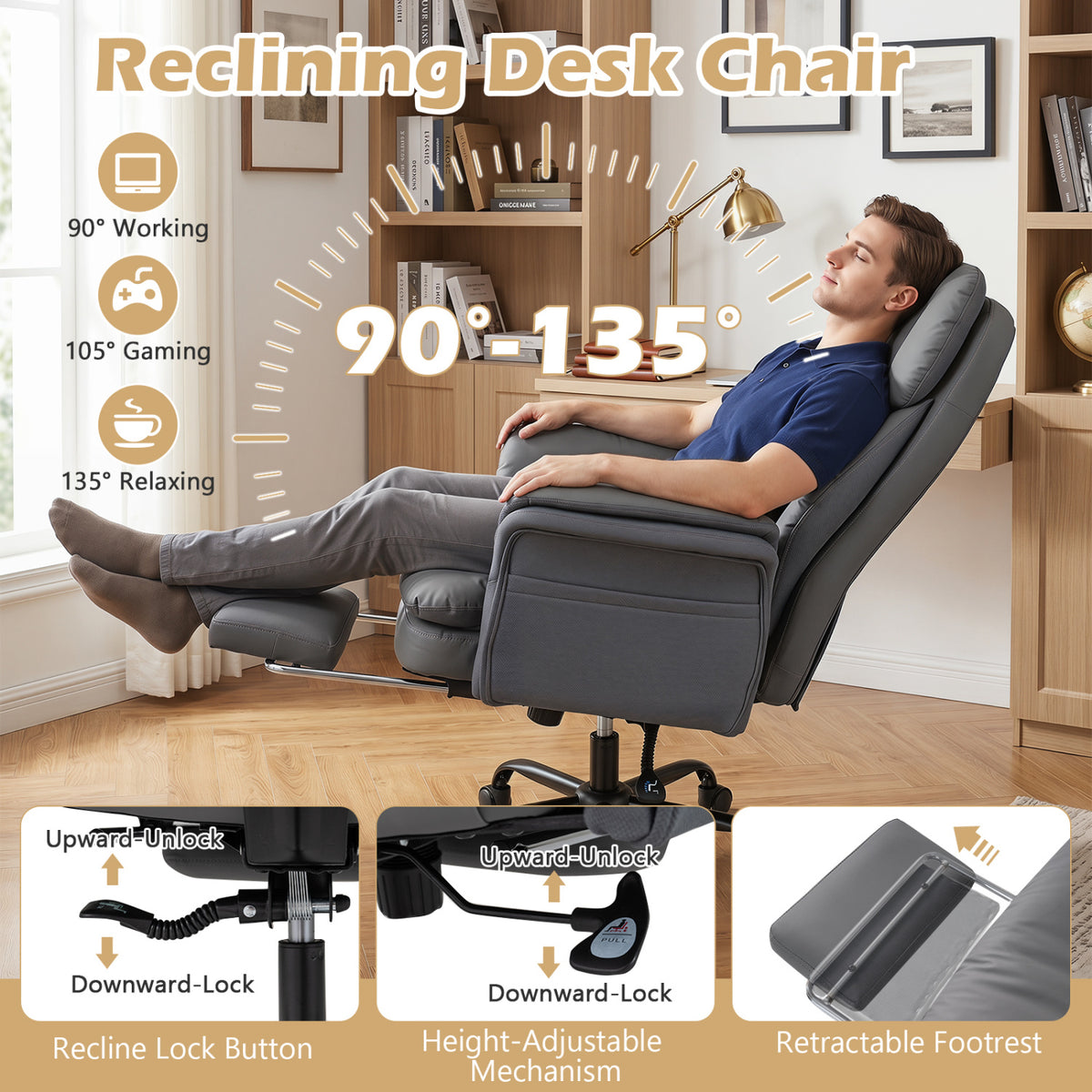 Ergonomic Cross Legged Office Chair Big and Tall Executive Chair with Retractable Footrest
