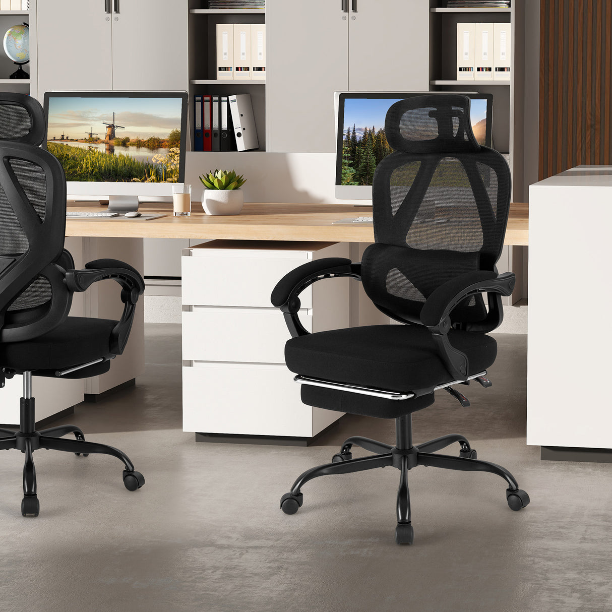 Ergonomic Office Chair High Back Mesh Desk Chair with Retractable Footrest-Black