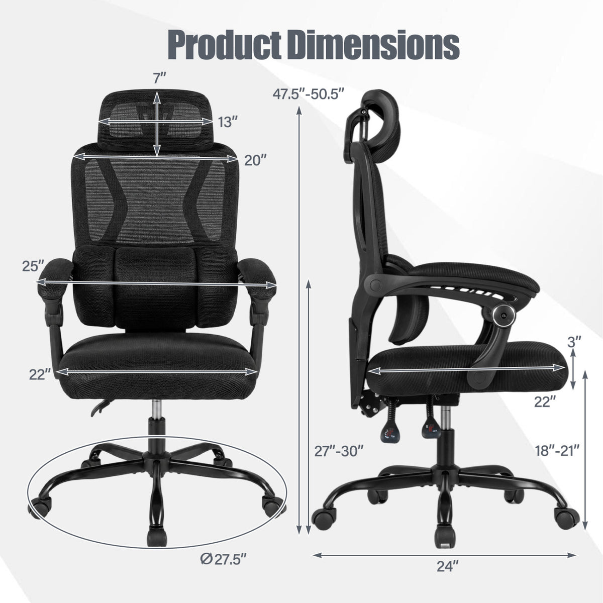 Ergonomic Office Computer Mesh Chair with High Back Adaptive Lumbar Support and 2D Adjustable Headrest