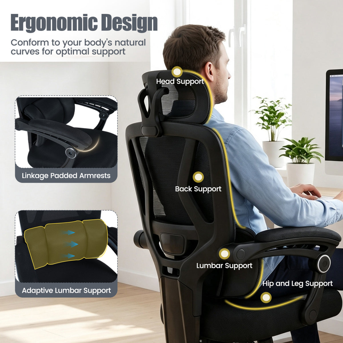 Ergonomic Office Computer Mesh Chair with High Back Adaptive Lumbar Support and 2D Adjustable Headrest
