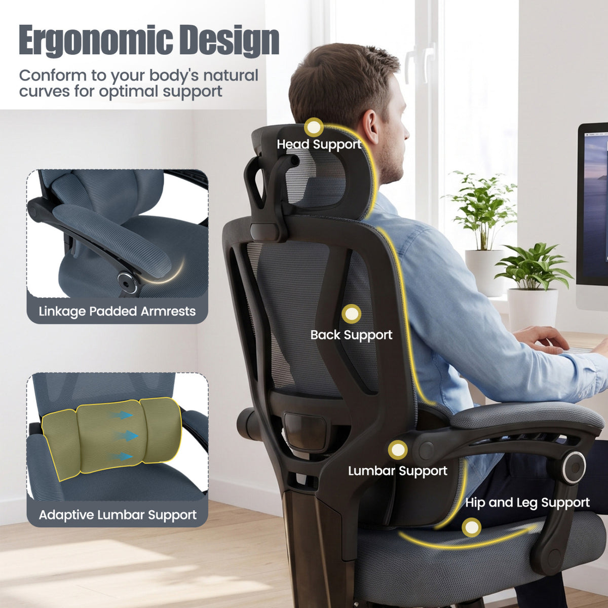 Ergonomic Office Computer Mesh Chair with High Back Adaptive Lumbar Support and 2D Adjustable Headrest