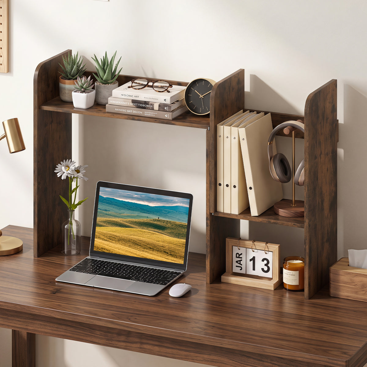 Expandable Desk Bookshelf with Open Cubes and Desktop Display Rack