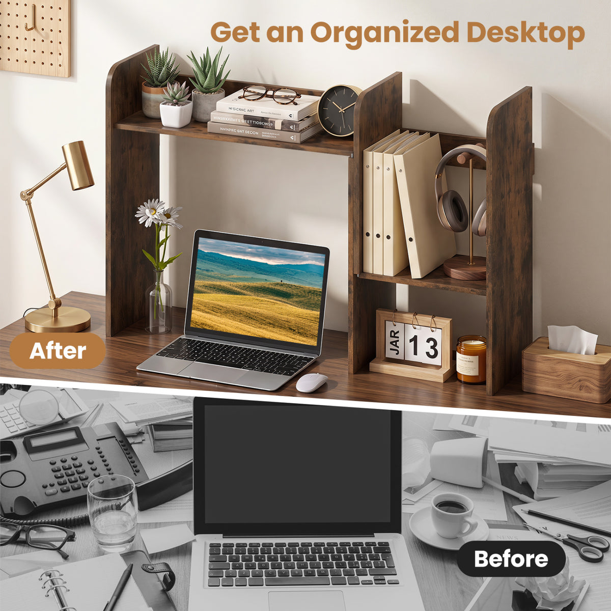 Expandable Desk Bookshelf with Open Cubes and Desktop Display Rack