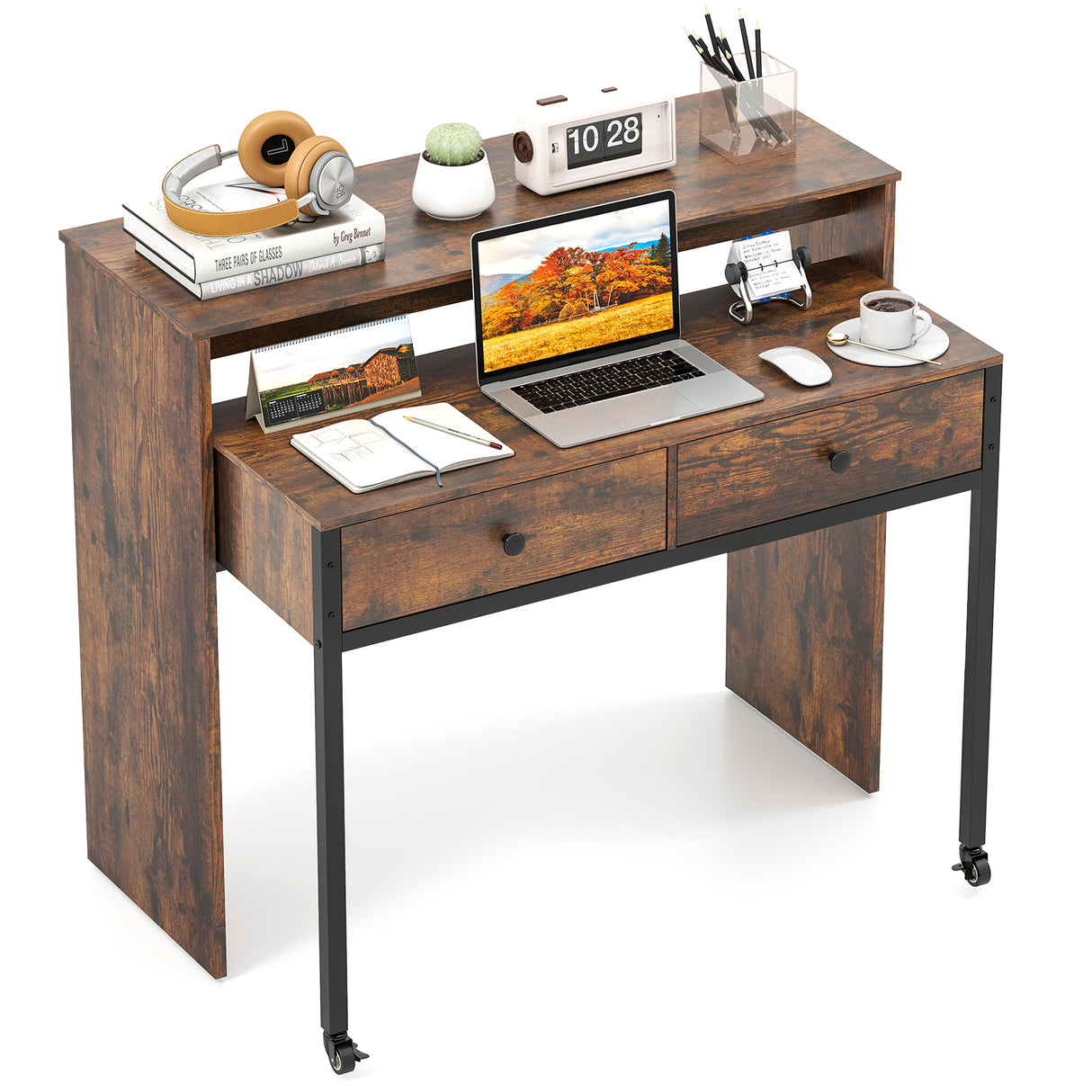 Extendable Computer Desk with 2 Storage Drawers Convertible Home Office Rolling Study Writing Desk