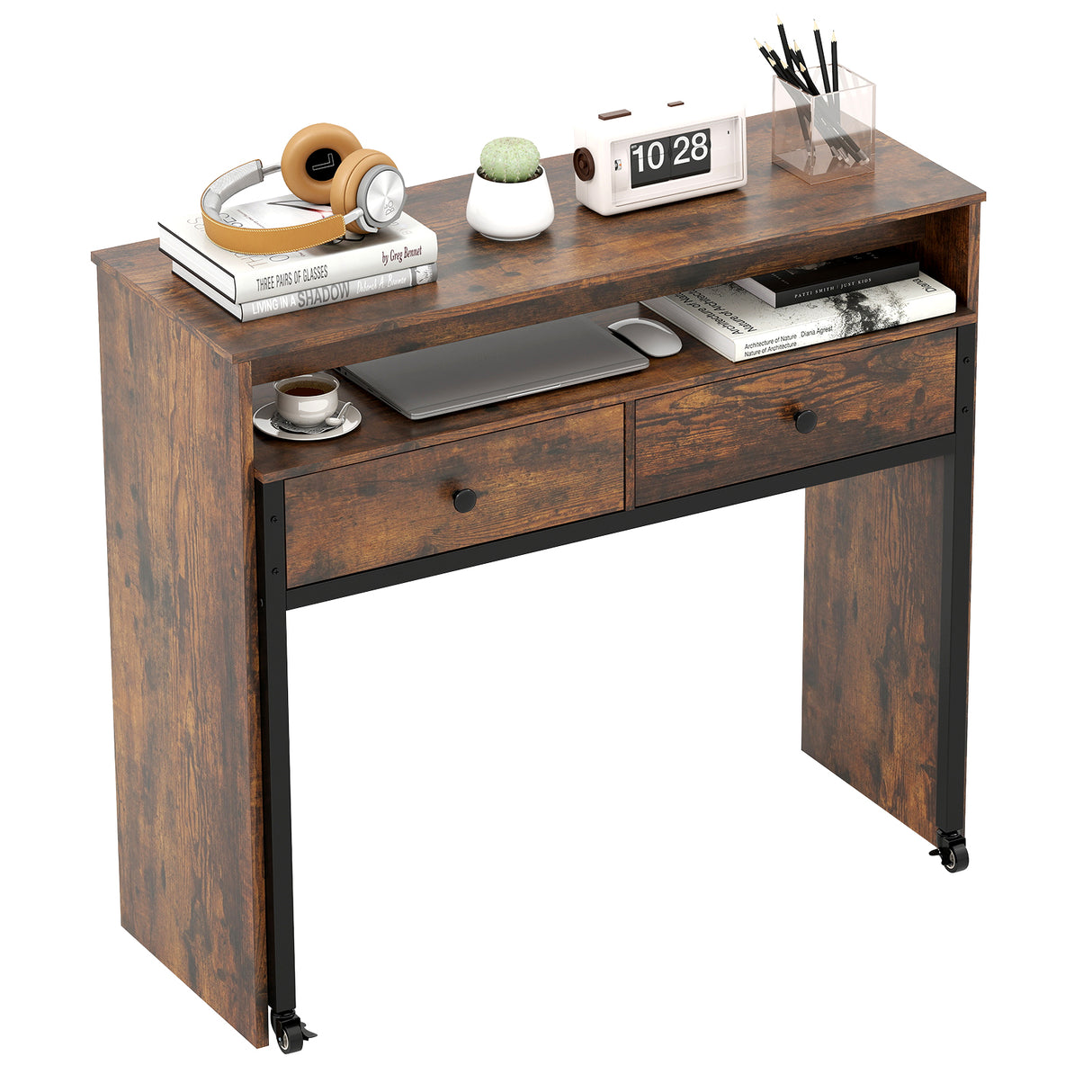 Extendable Computer Desk with 2 Storage Drawers Convertible Home Office Rolling Study Writing Desk