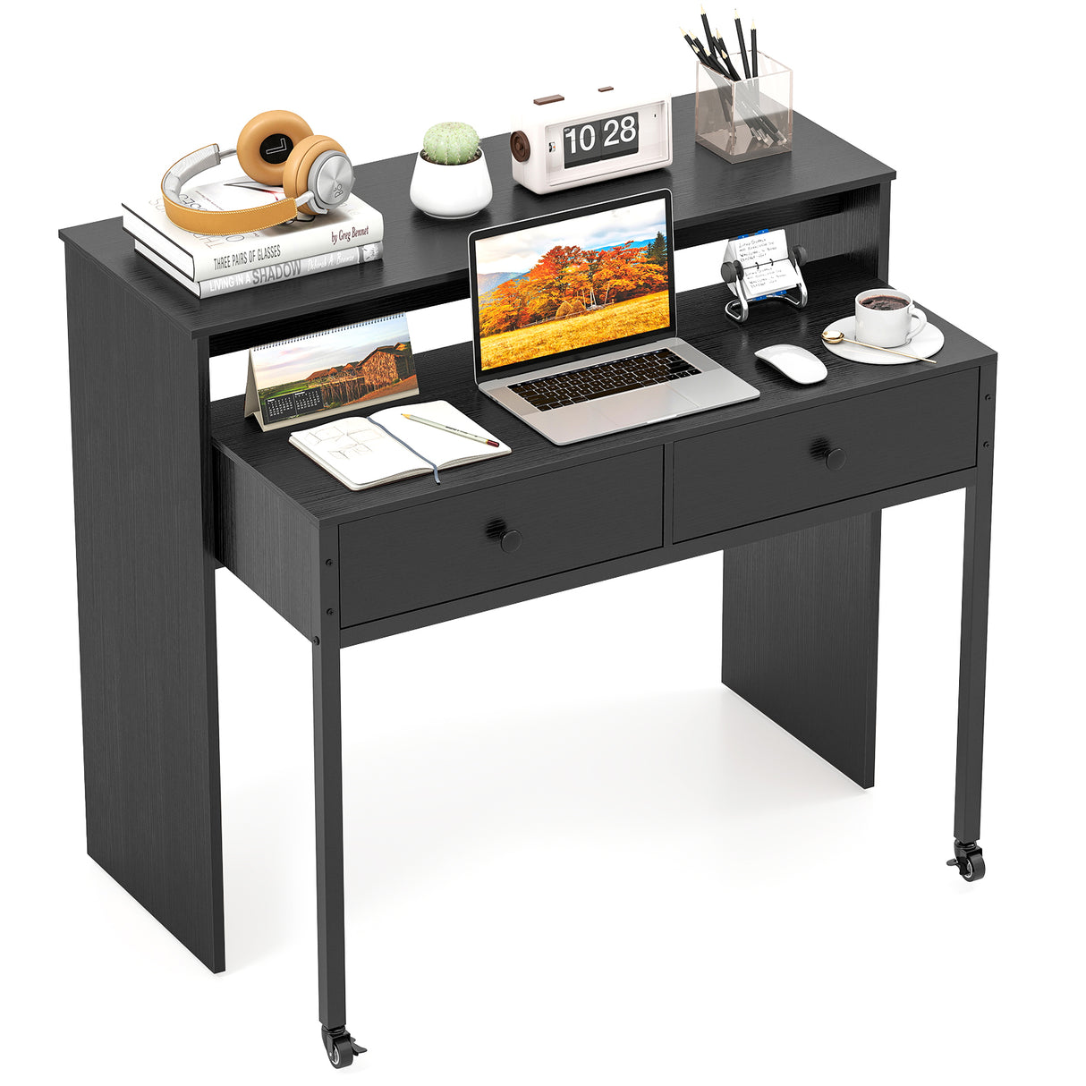 Extendable Computer Desk with 2 Storage Drawers Convertible Home Office Rolling Study Writing Desk