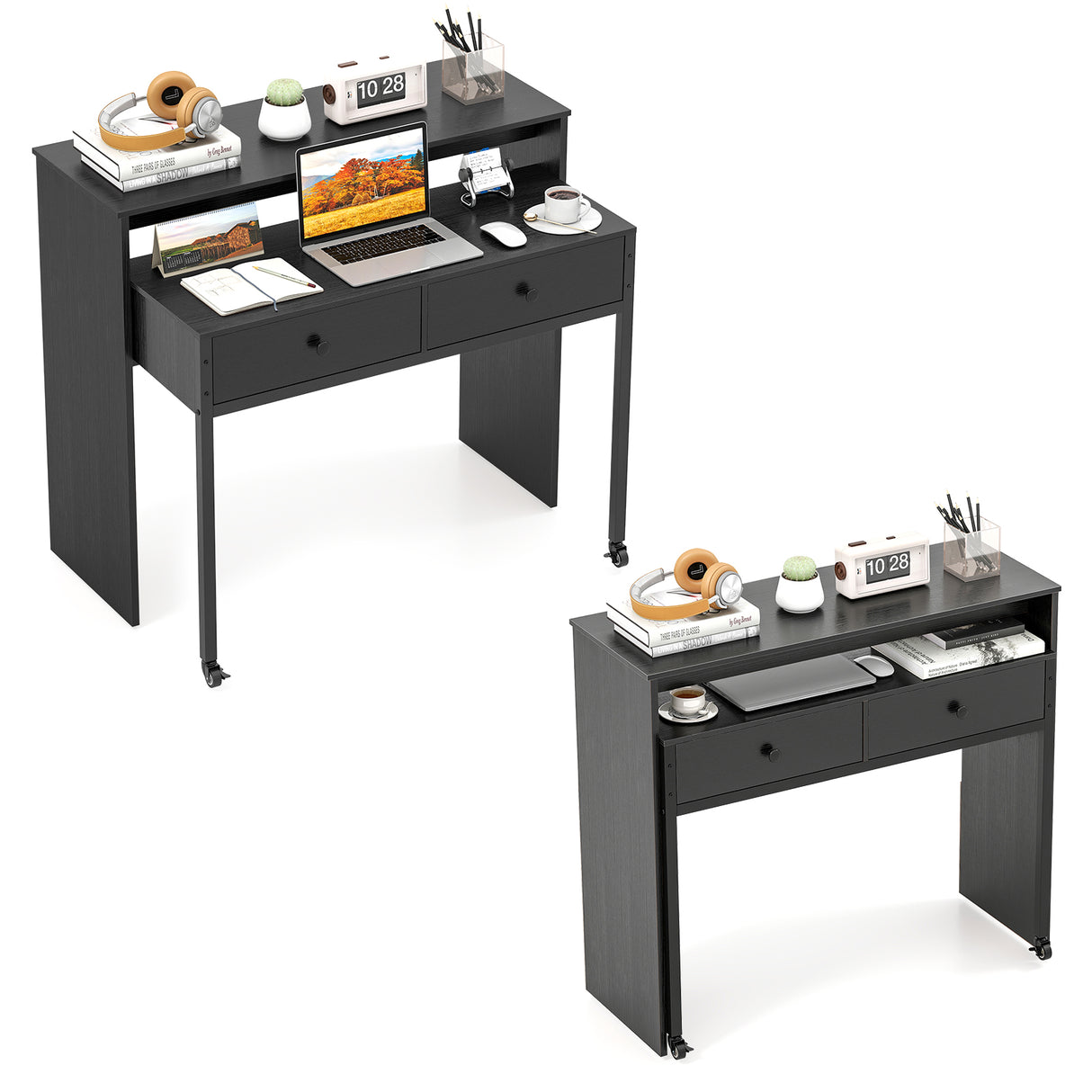 Extendable Computer Desk with 2 Storage Drawers Convertible Home Office Rolling Study Writing Desk