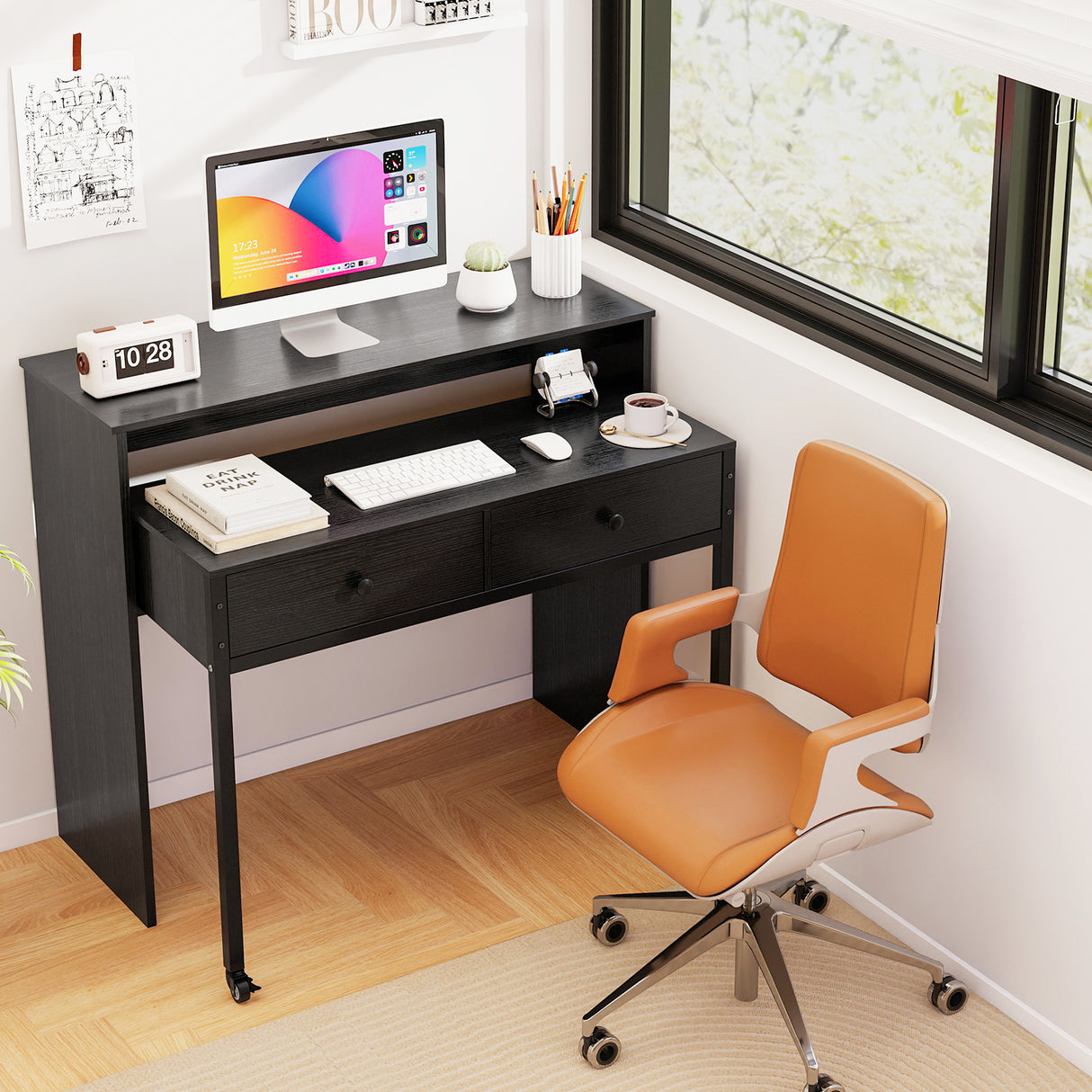 Extendable Computer Desk with 2 Storage Drawers Convertible Home Office Rolling Study Writing Desk