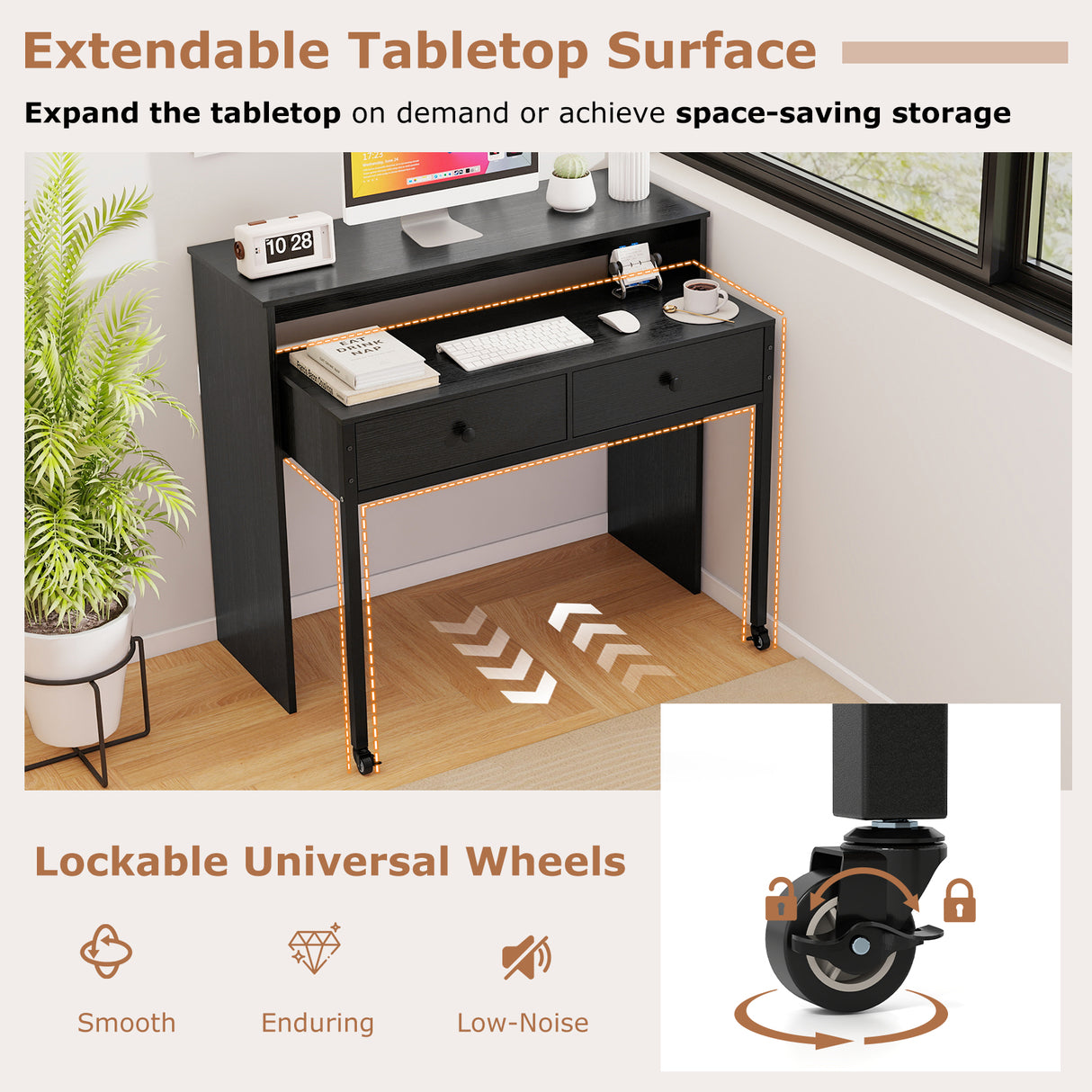 Extendable Computer Desk with 2 Storage Drawers Convertible Home Office Rolling Study Writing Desk