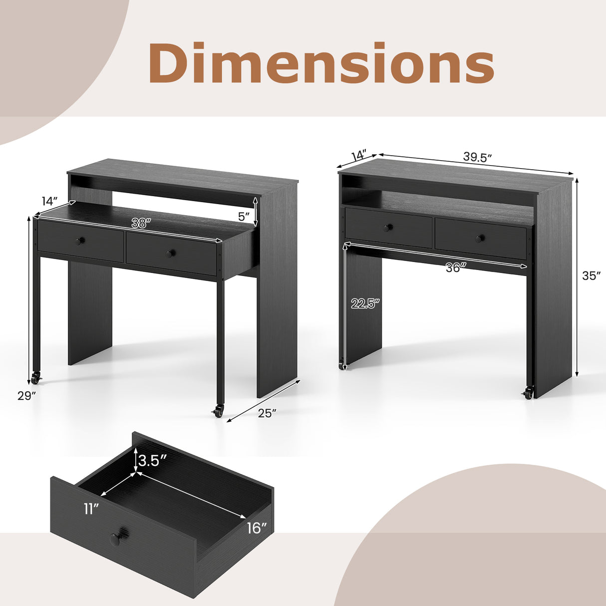 Extendable Computer Desk with 2 Storage Drawers Convertible Home Office Rolling Study Writing Desk