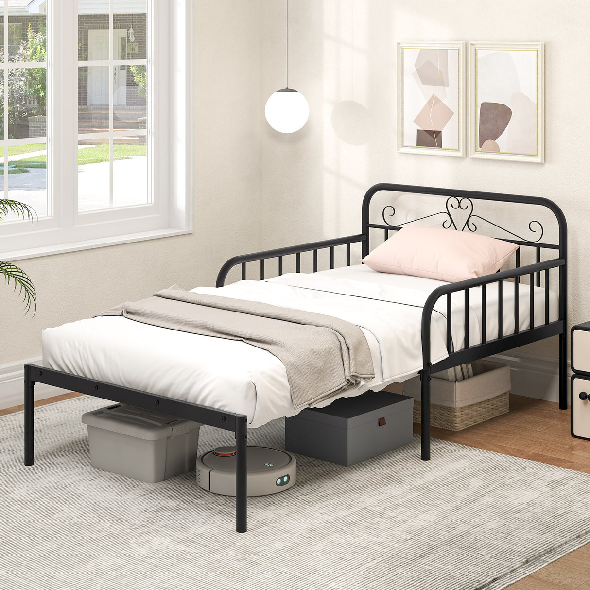 Extendable Metal Daybed to Twin Size Bed with Guardrails and Armrests