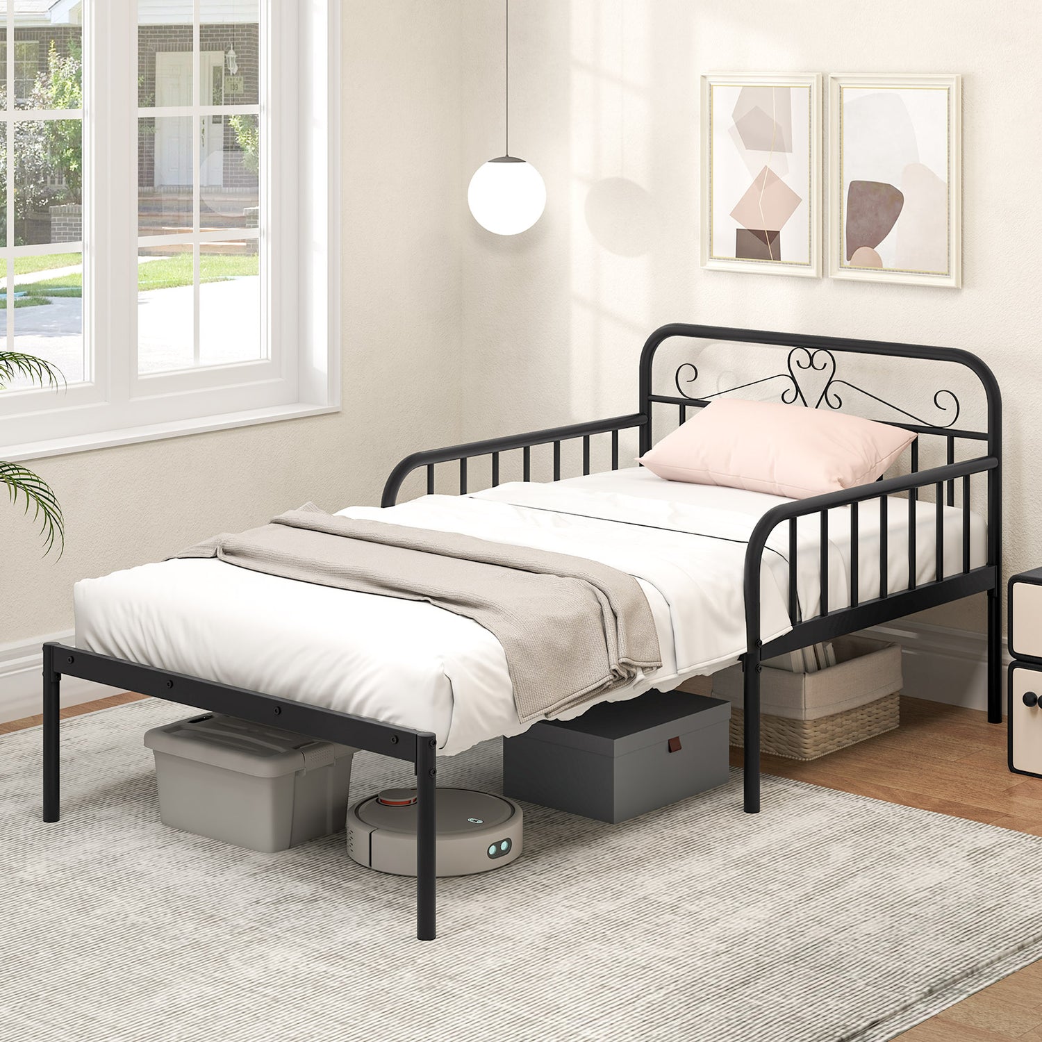 Extendable Metal Daybed to Twin Size Bed with Guardrails and Armrests