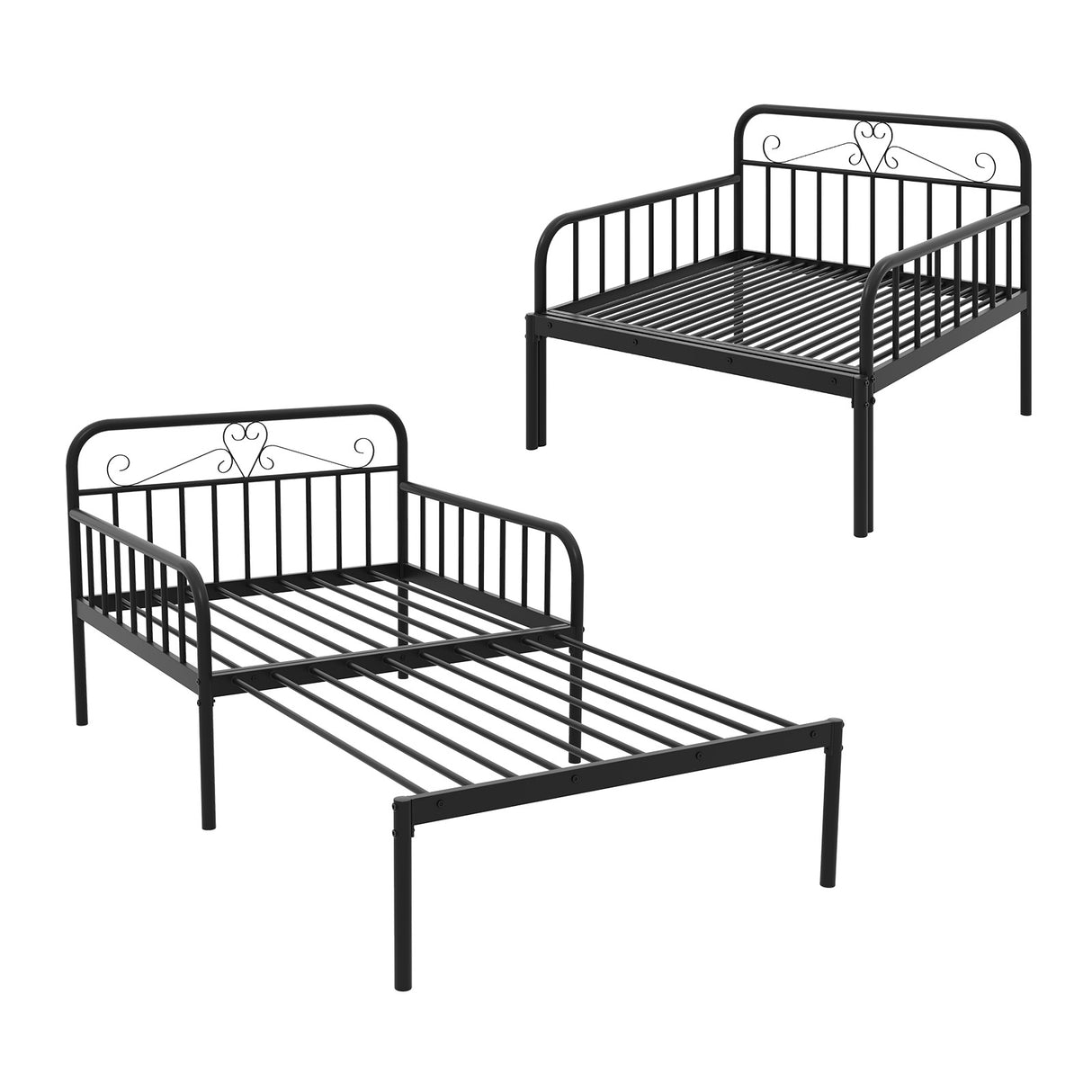 Extendable Metal Daybed to Twin Size Bed with Guardrails and Armrests